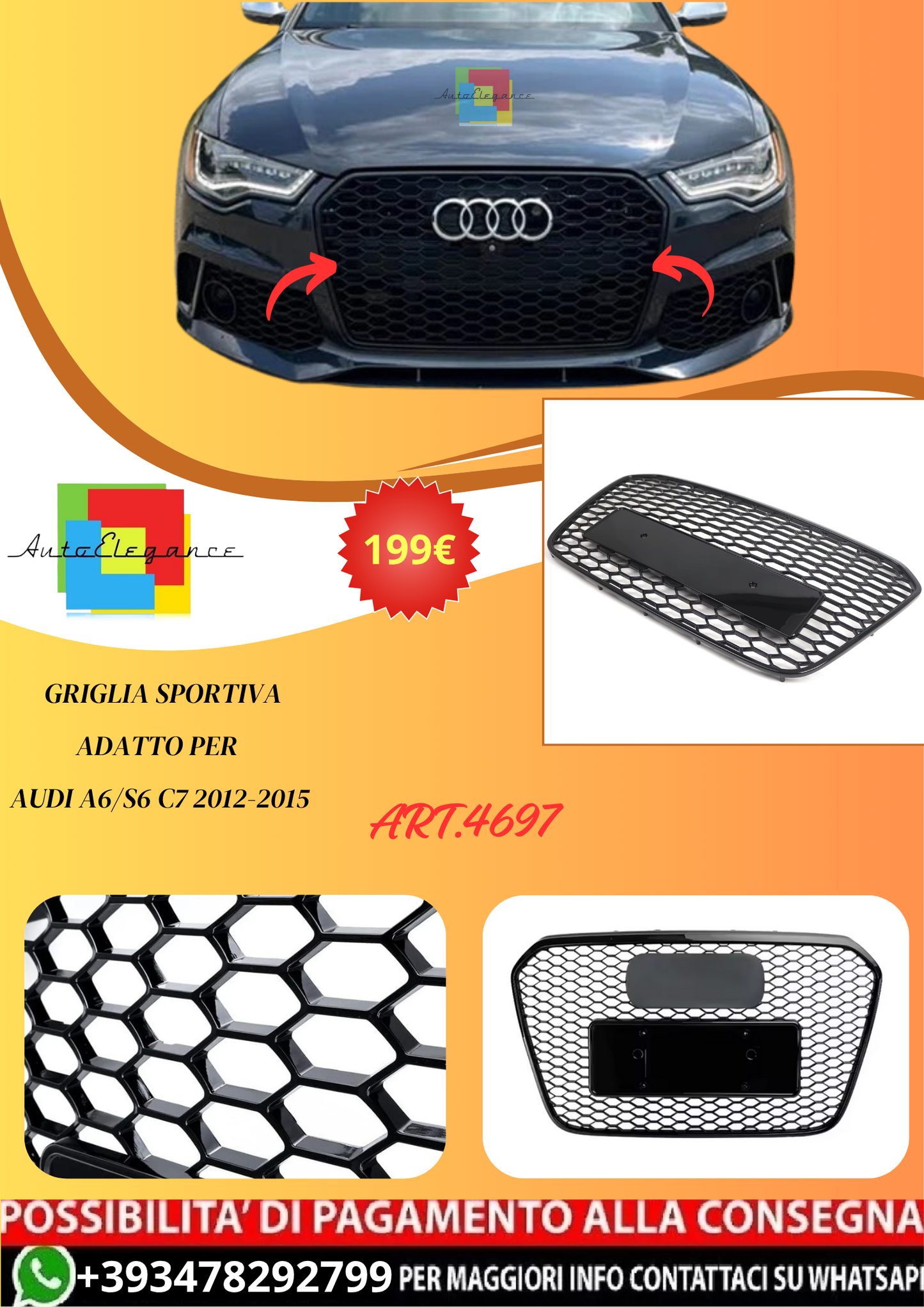 💫ART.4697 Griglia Sportiva adatto per Audi A6/S6 C7 2012-2015💫