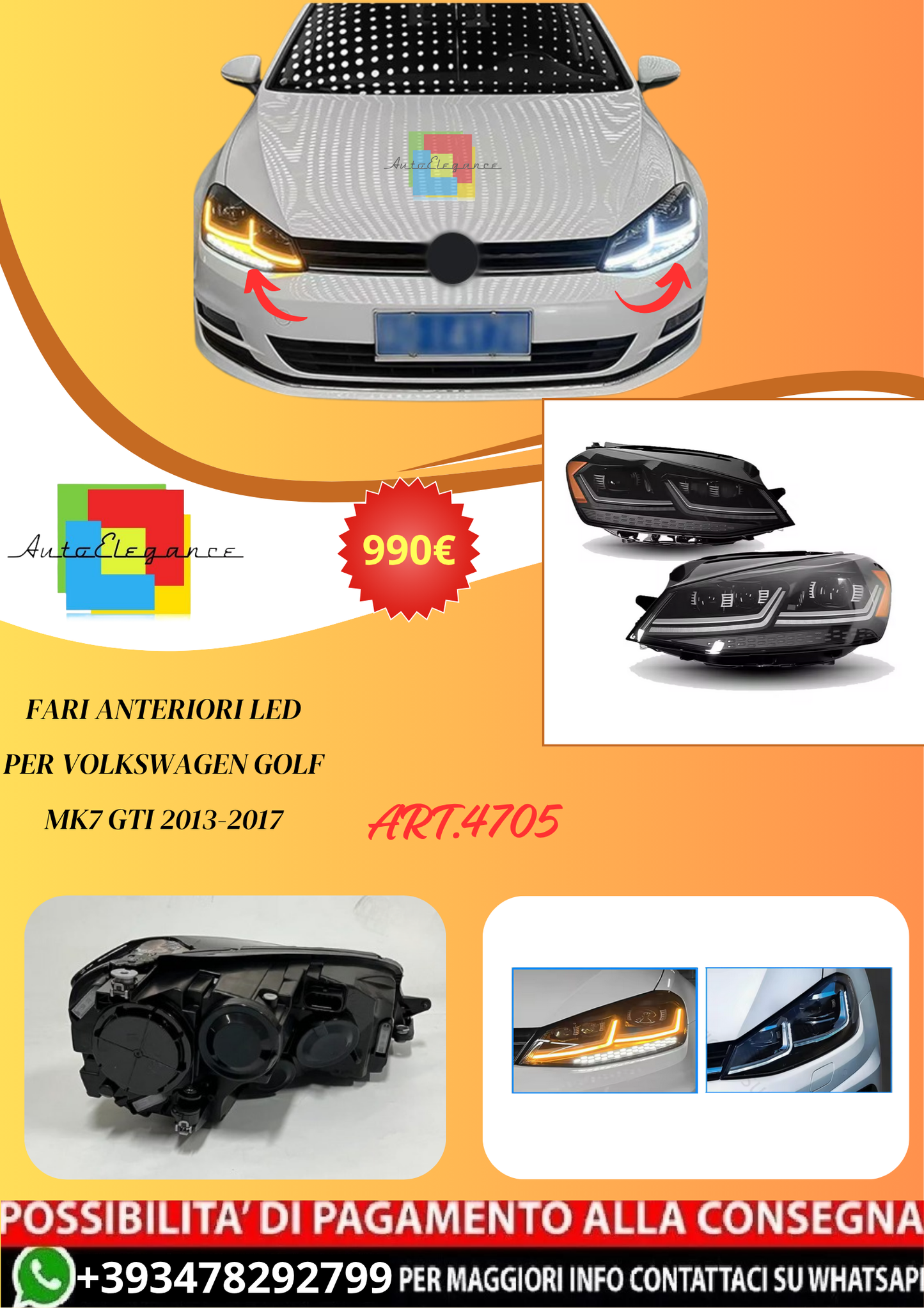 💫ART.4705 Fari Anteriori LED per Volkswagen Golf Mk7 GTI 2013-2017💫