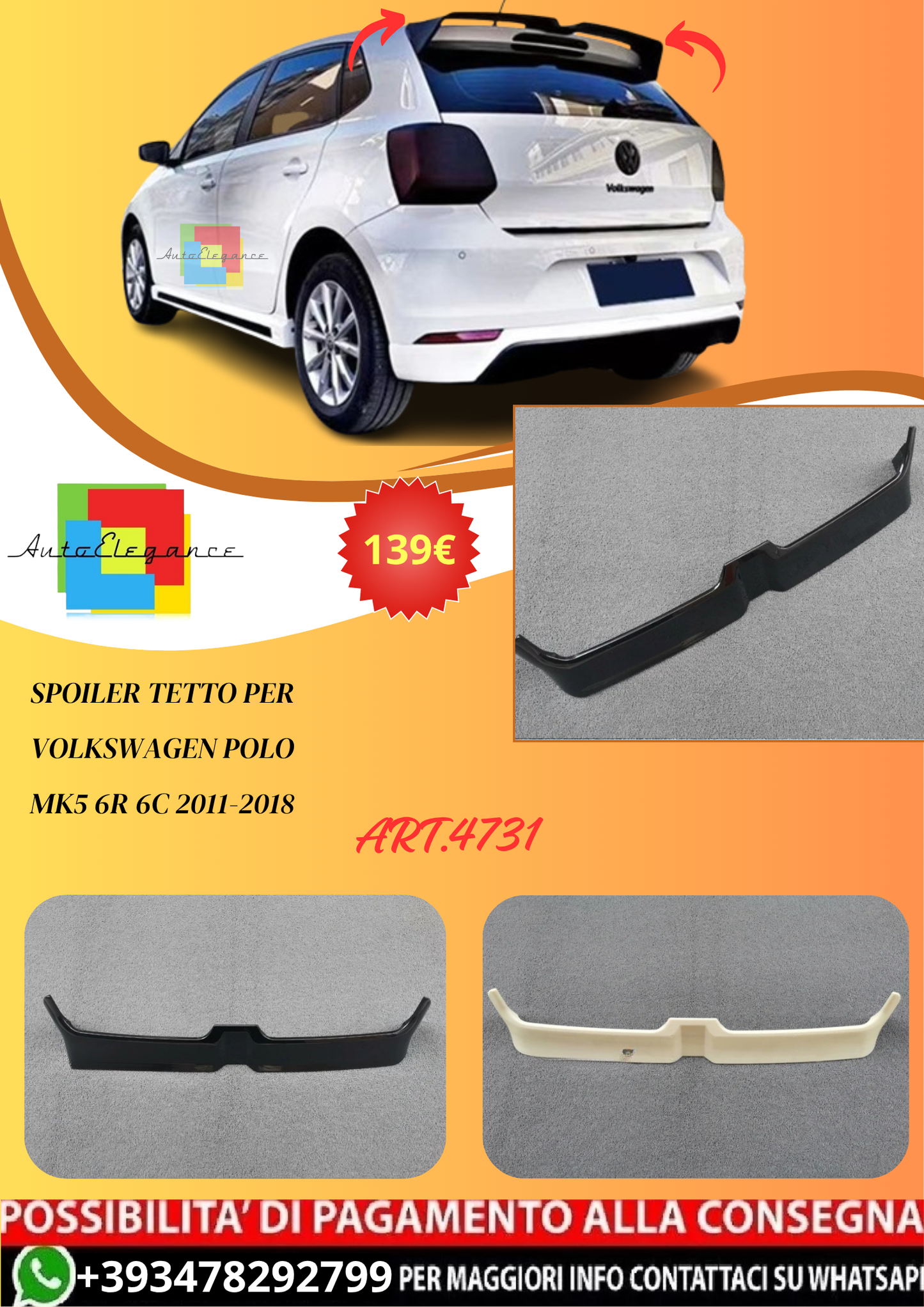 💫ART.4731 Spoiler Tetto per Volkswagen Polo MK5 6R 6C 2011-2018💫
