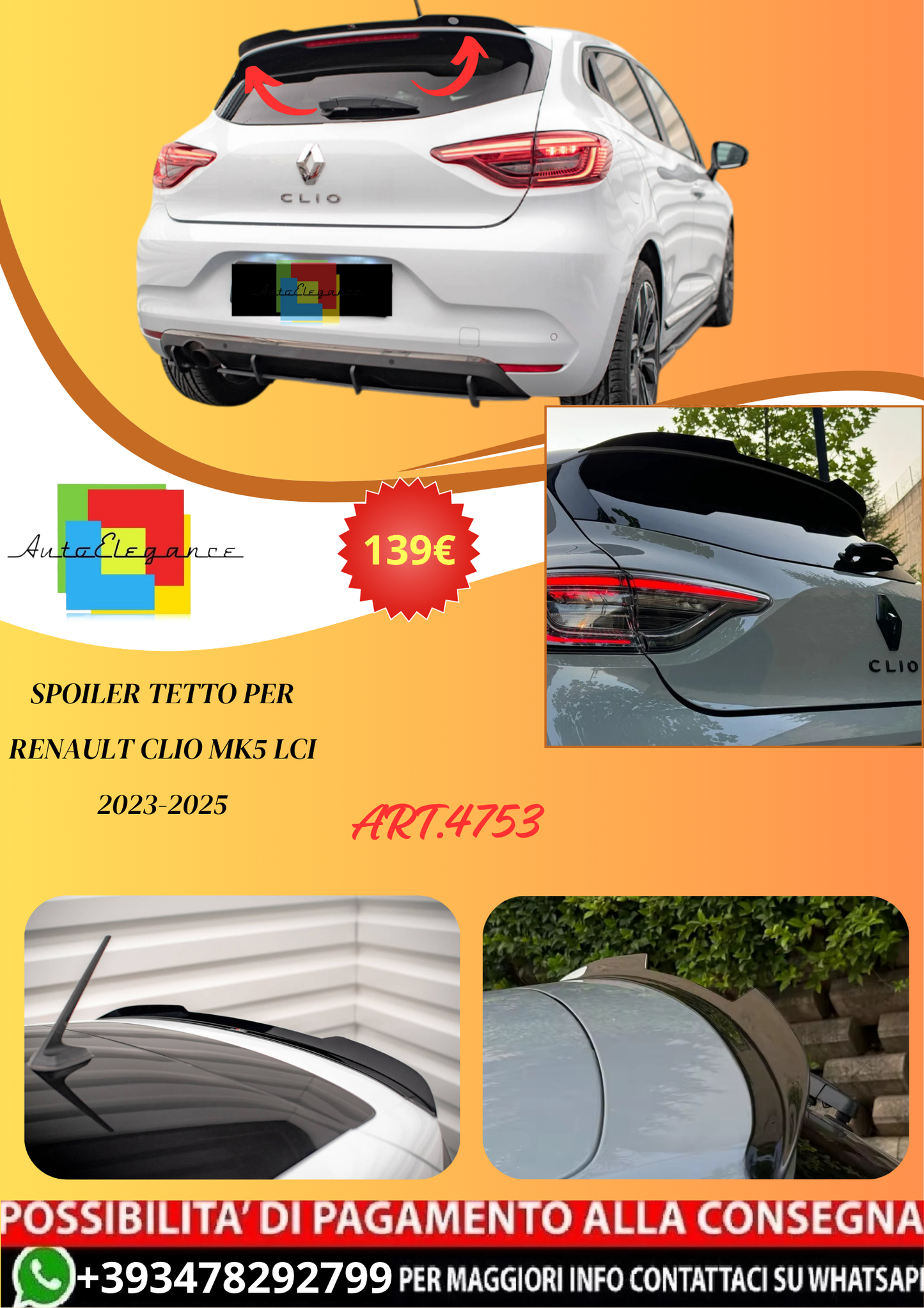 💫ART.4753 Spoiler Tetto per Renault Clio MK5 LCI 2023-2025💫