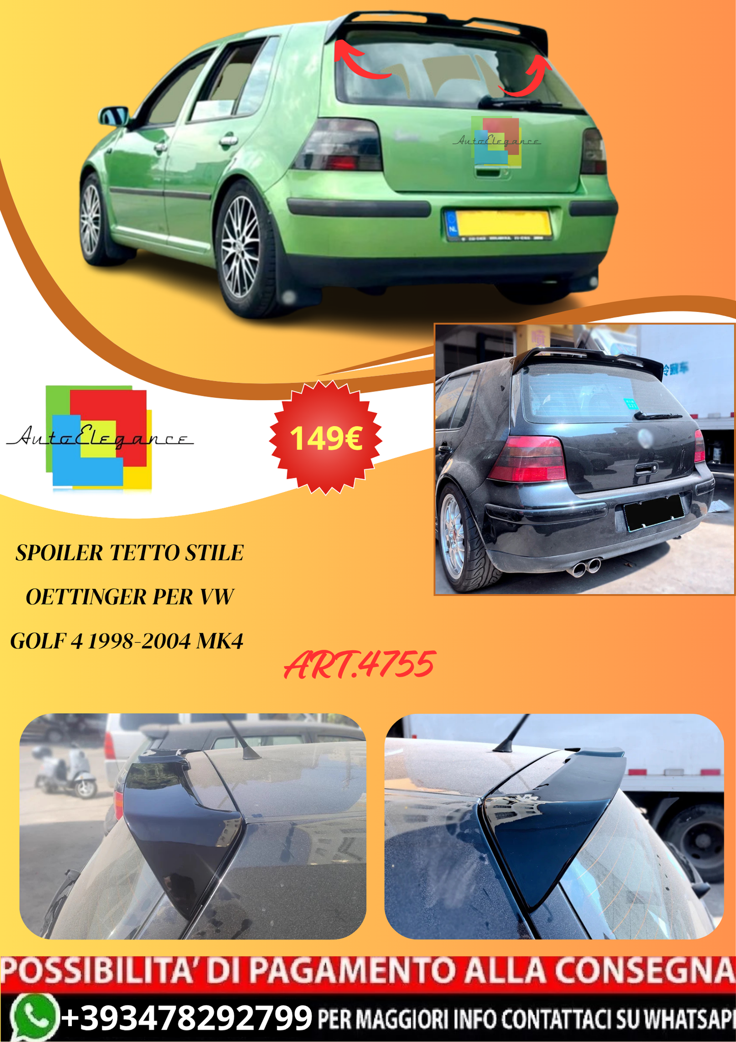 💫ART.4755 Spoiler Tetto Stile Oettinger per VW GOLF 4 1998-2004💫