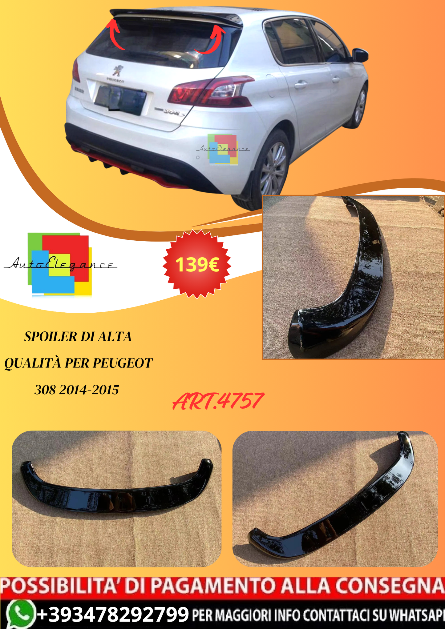 💫ART.4757 Spoiler Di Alta Qualità adatto per Peugeot 308 2014-2015 in ABS💫