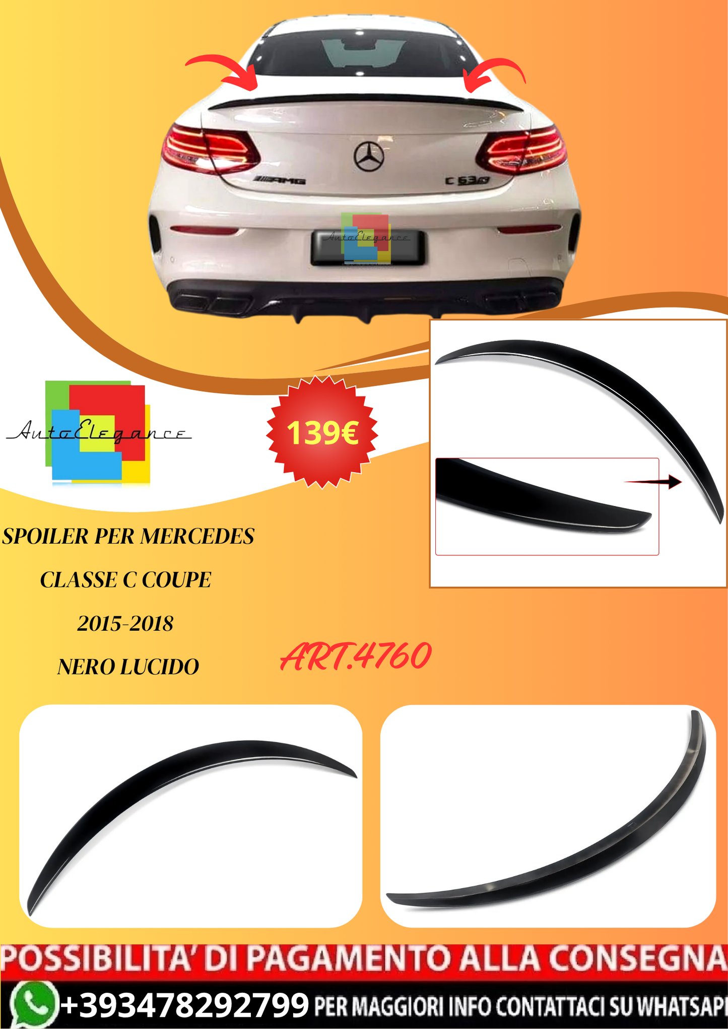 💫ART.4760 Spoiler adatto per Mercedes CLASSE C COUPE AMG Nero Lucido 15-18💫