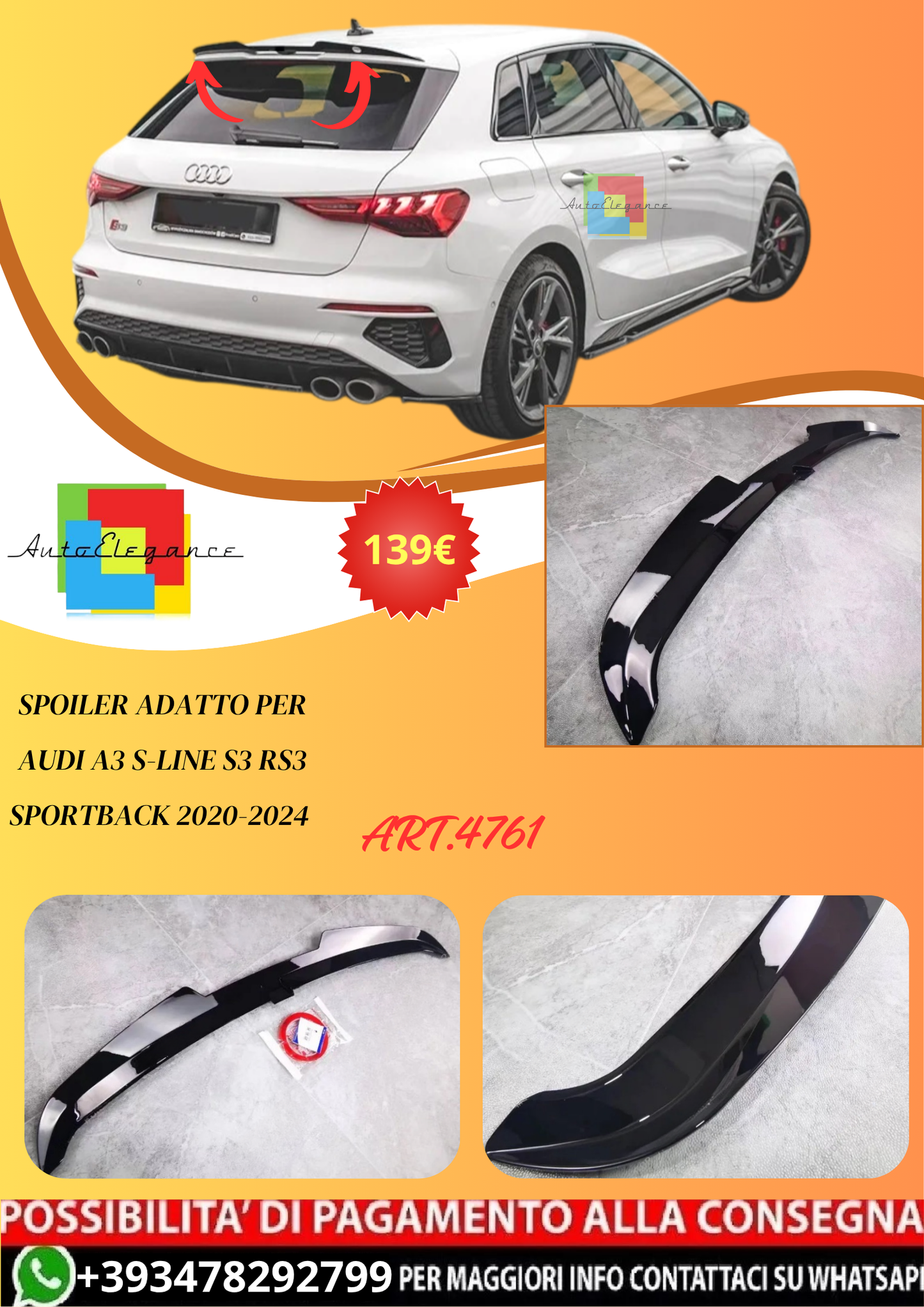 💫ART.4761 Spoiler adatto per Audi A3 S-Line S3 RS3 Sportback 2020-2024💫