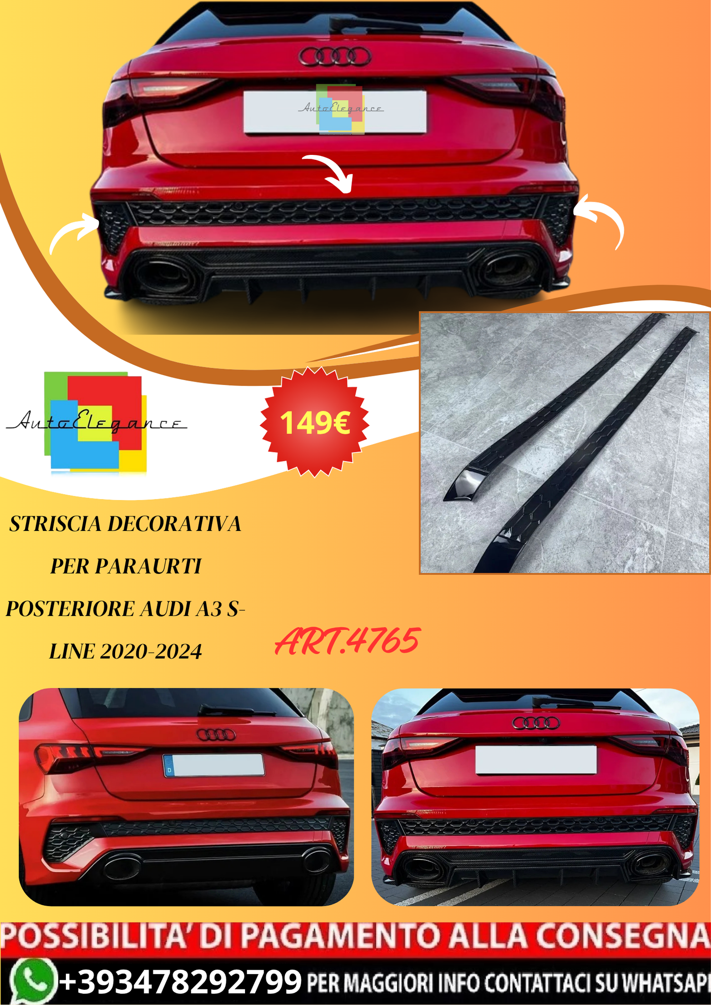 💫ART.4765 Striscia Decorativa per Paraurti Posteriore AUDI A3 S-Line 20-24💫
