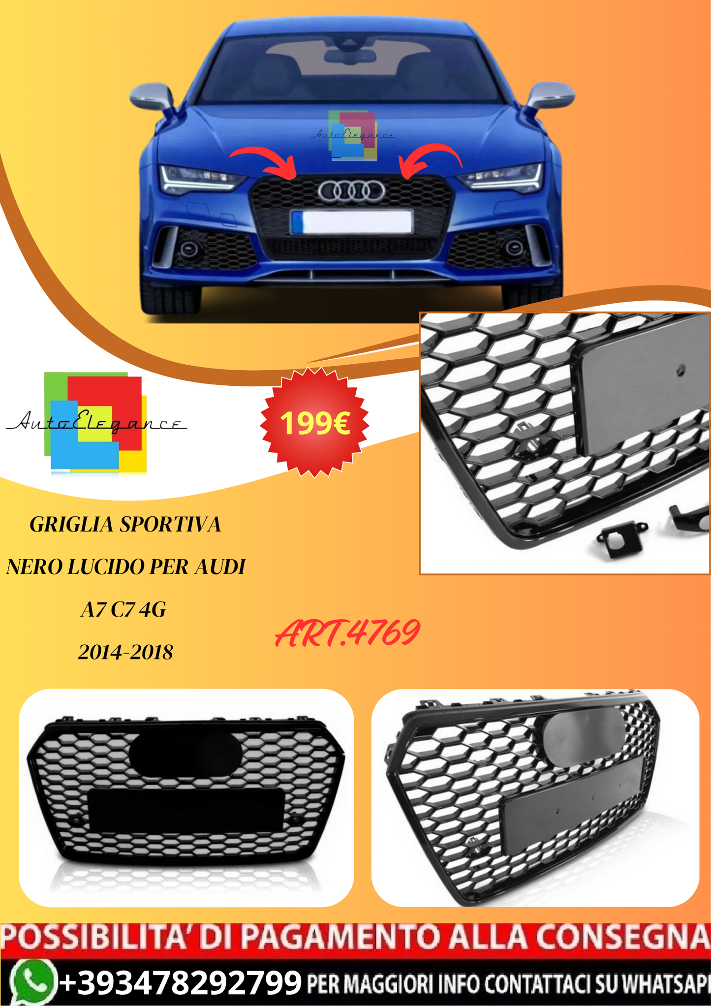 💫ART.4769 Griglia Sportiva Nero Lucido per AUDI A7 C7 4G 14-18💫