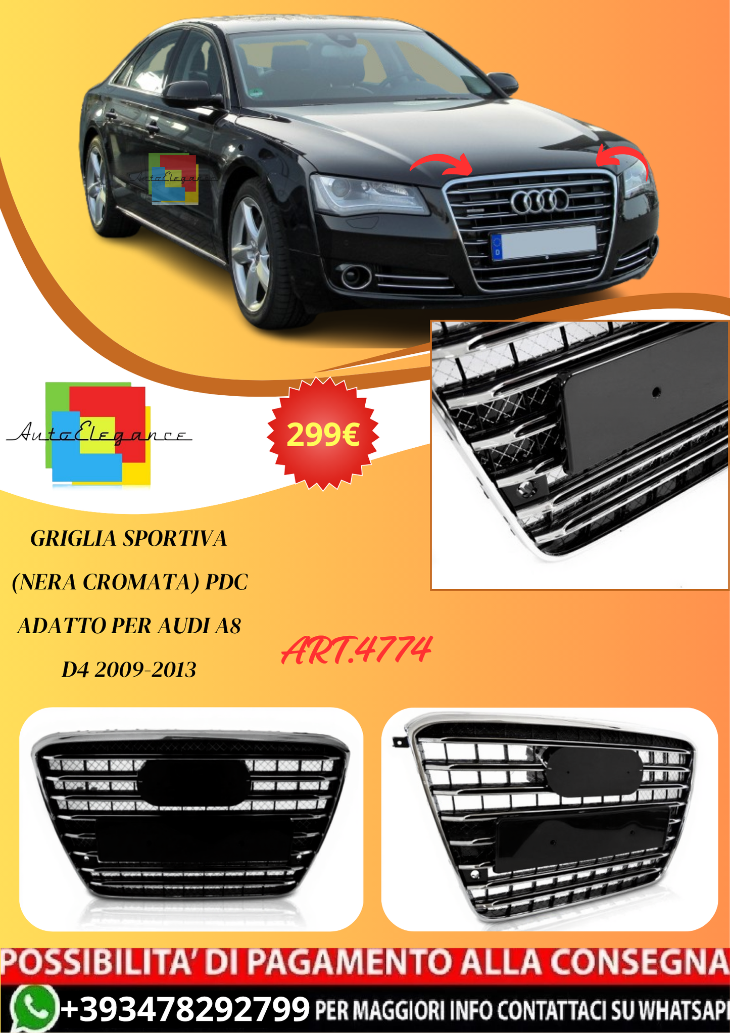 💫ART.4774 Griglia Sportiva (Nera Cromata) PDC adatto per AUDI A8 D4 2009-2013💫