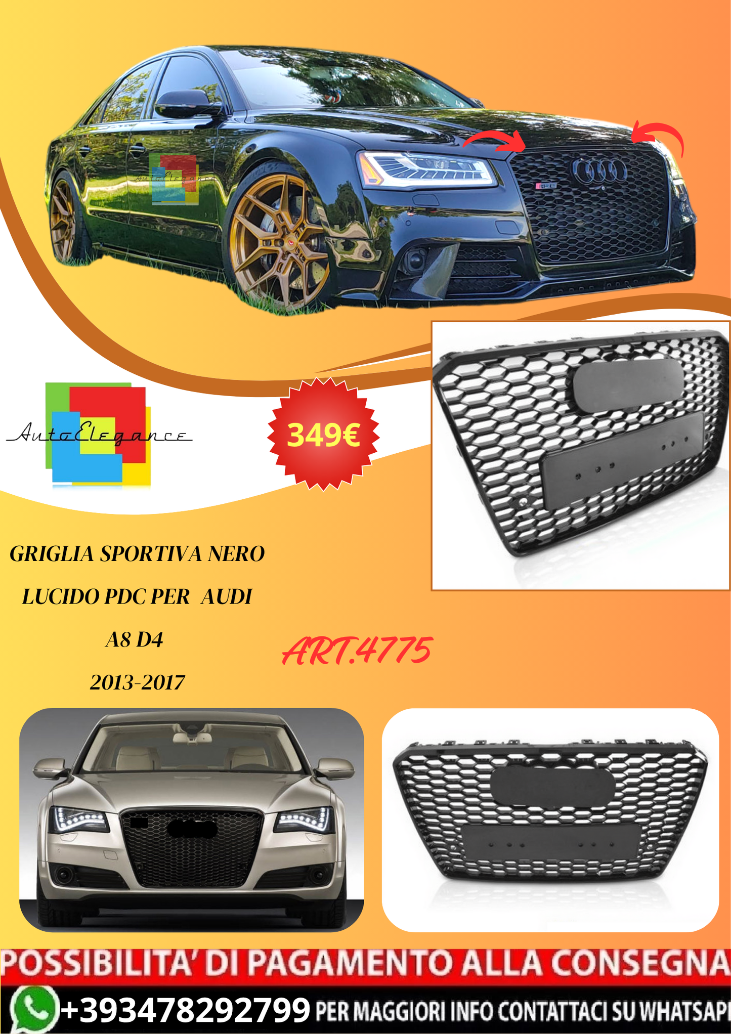 💫ART.4775 Griglia Sportiva Nero Lucido PDC per  AUDI A8 D4 2013-2017💫