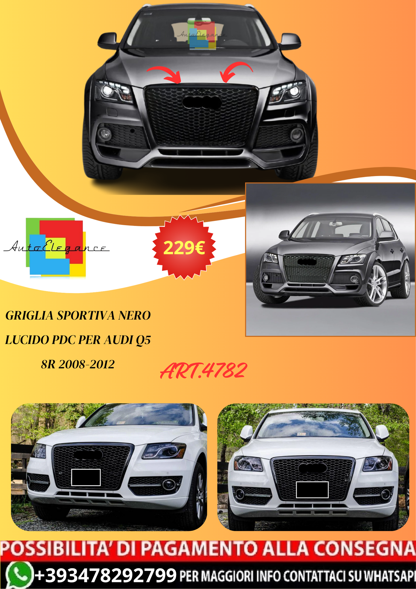 💫ART.4782 GRIGLIA SPORTIVA NERO LUCIDO PDC PER AUDI Q5 8R 2008-2012💫