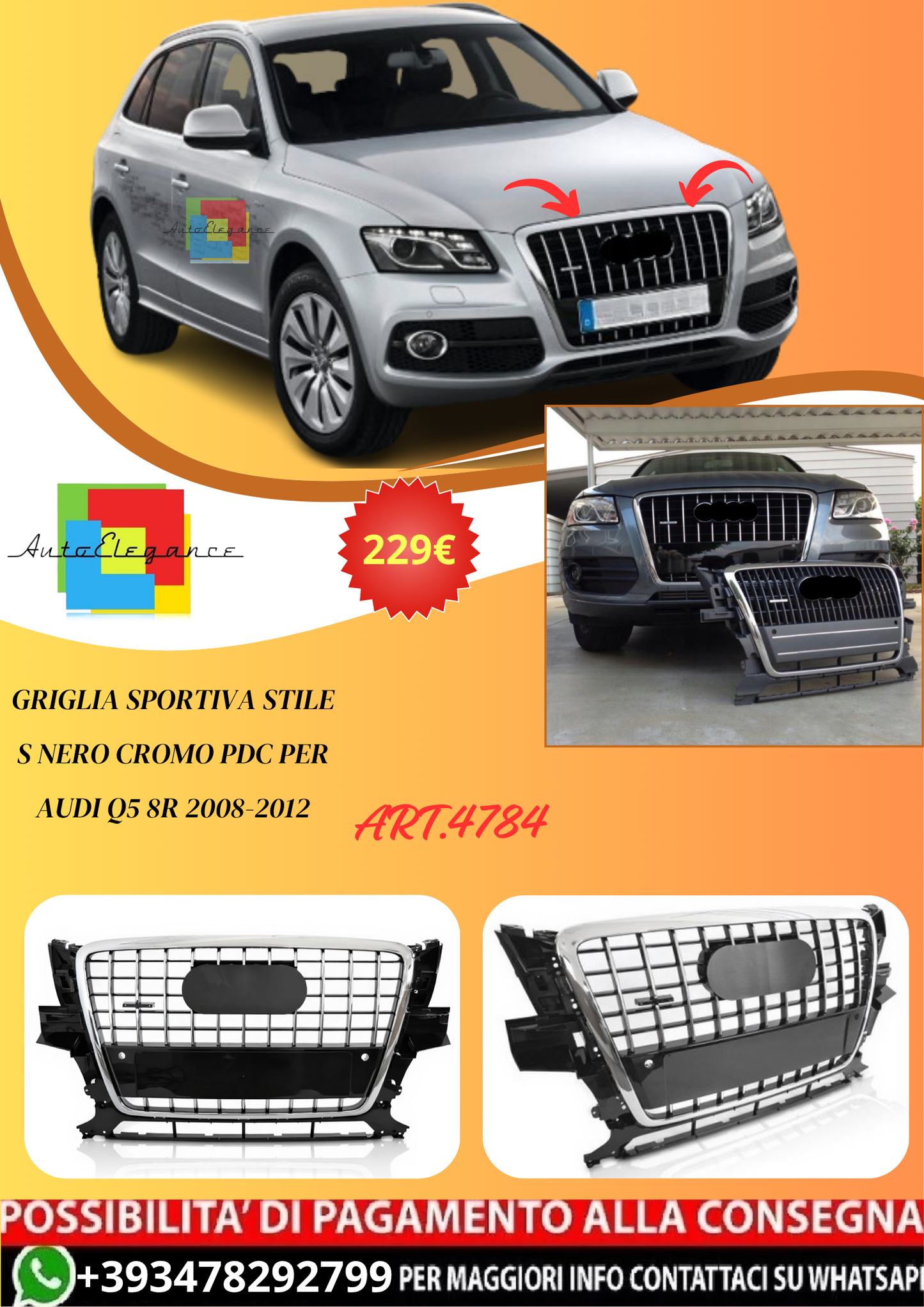 💫ART.4784 GRIGLIA SPORTIVA STILE S NERO CROMO PDC PER AUDI Q5 8R 2008-2012💫