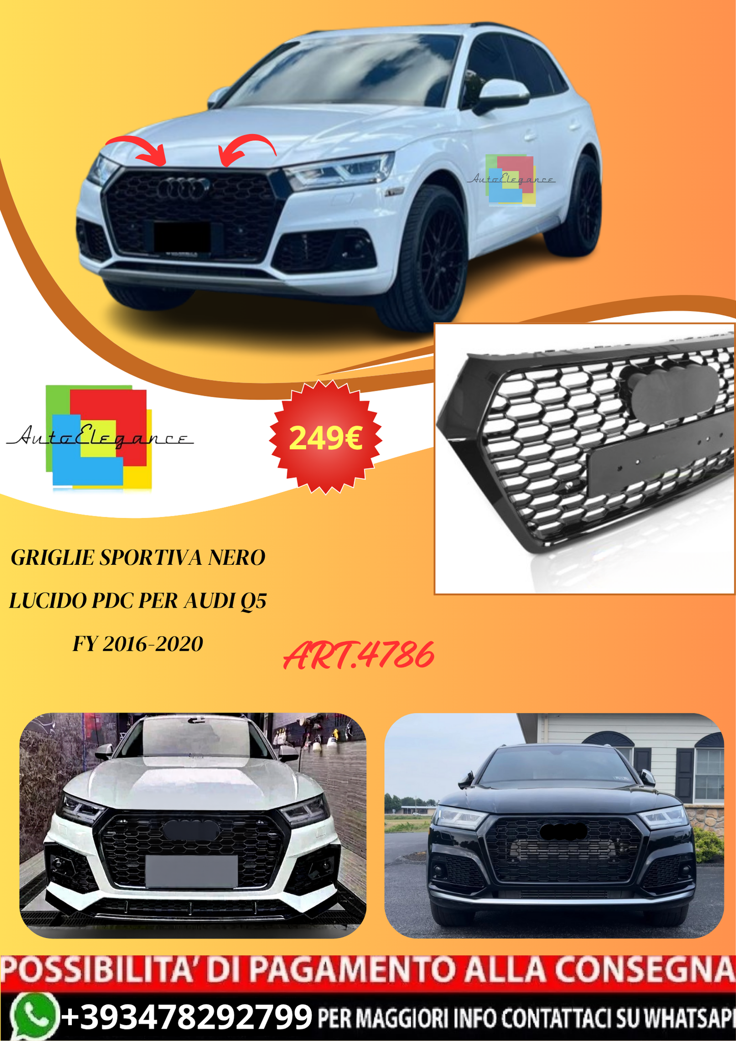 💫ART.4786 GRIGLIE SPORTIVA NERO LUCIDO PDC PER AUDI Q5 FY 2016-2020💫