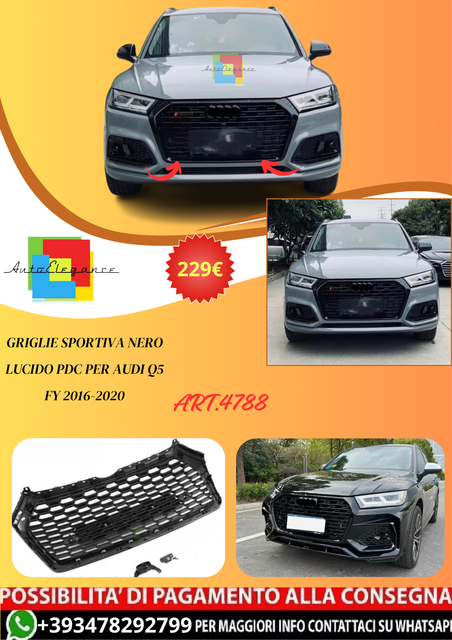💫ART.4788 GRIGLIA SPORTIVA NERO LUCIDO PDC PER AUDI Q5 FY 2016-2020💫