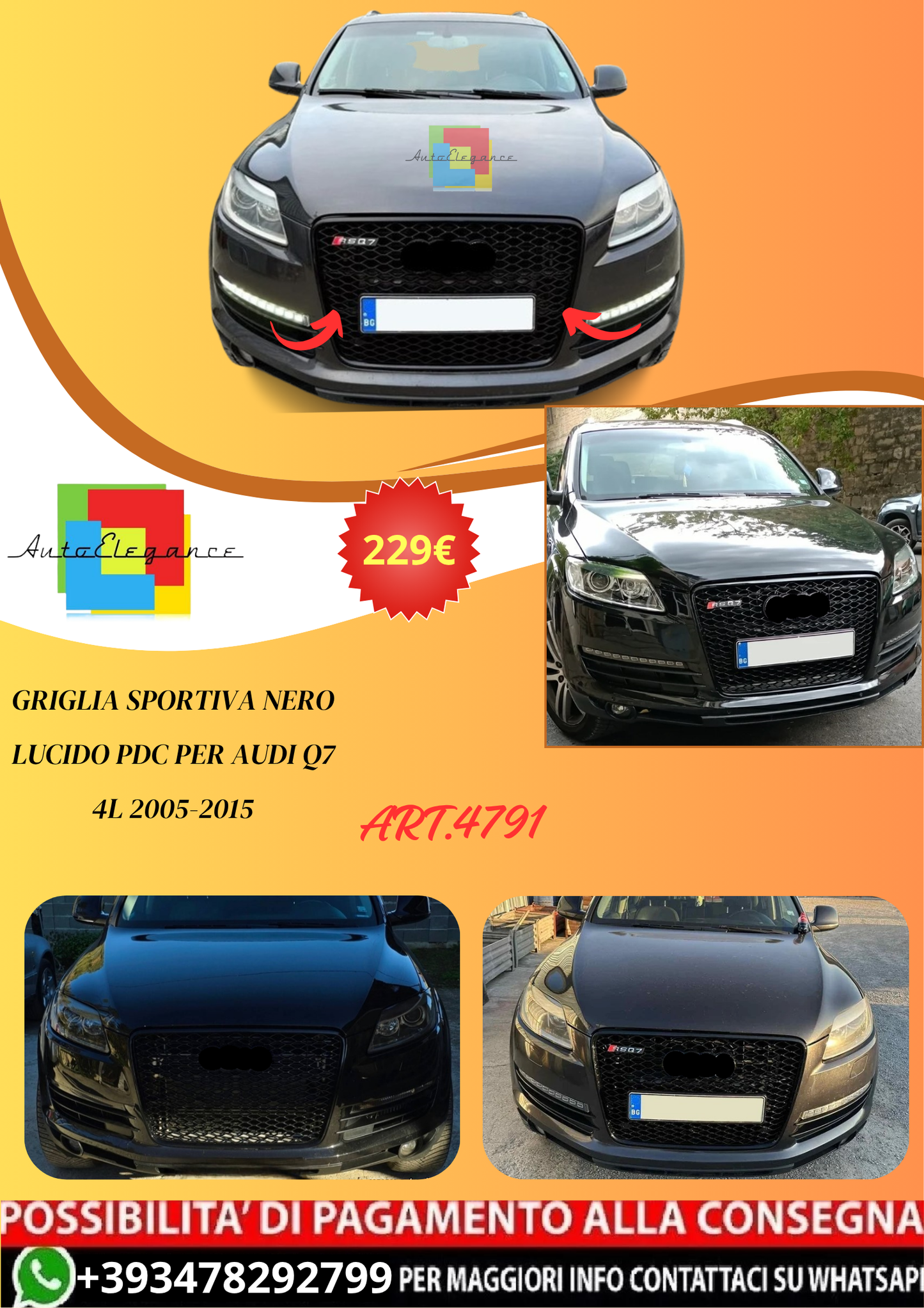 💫ART.4791 GRIGLIA SPORTIVA NERO LUCIDO PDC PER AUDI Q7 4L 2005-2015💫