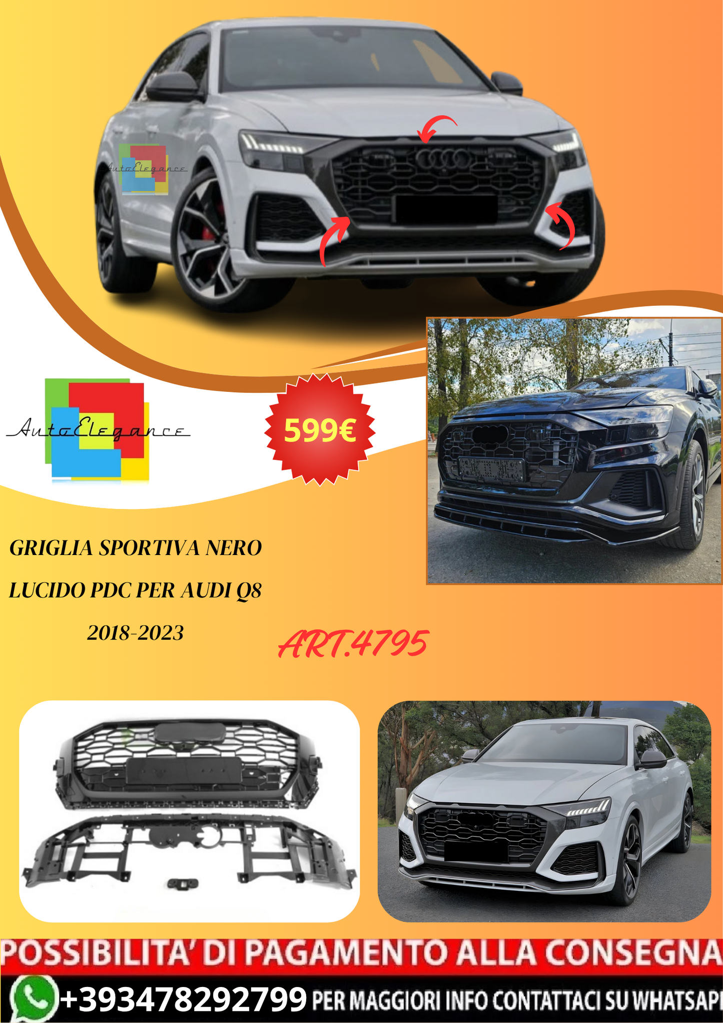 💫ART.4795 GRIGLIA SPORTIVA NERO LUCIDO PDC PER AUDI Q8 2018-2023💫