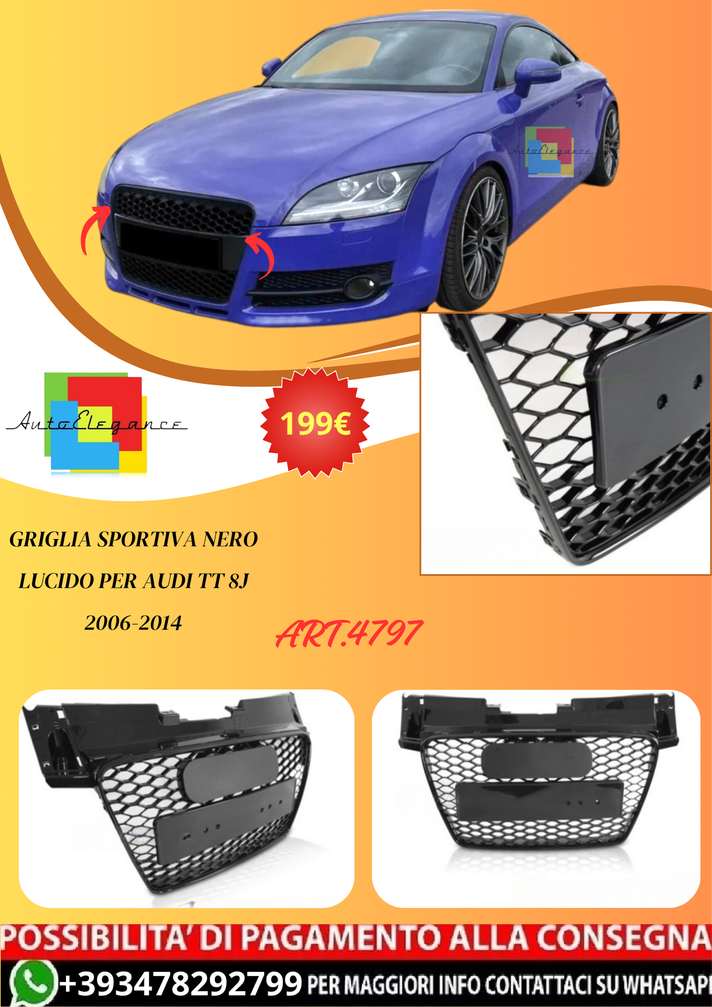 💫ART.4797 GRIGLIA SPORTIVA NERO LUCIDO PER AUDI TT 8J 2006-2014💫