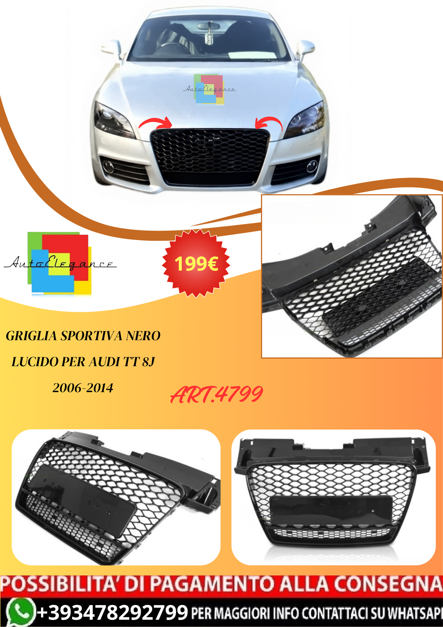 💫ART.4799 GRIGLIA SPORTIVA NERO LUCIDO PER AUDI TT 8J 2006-2014💫