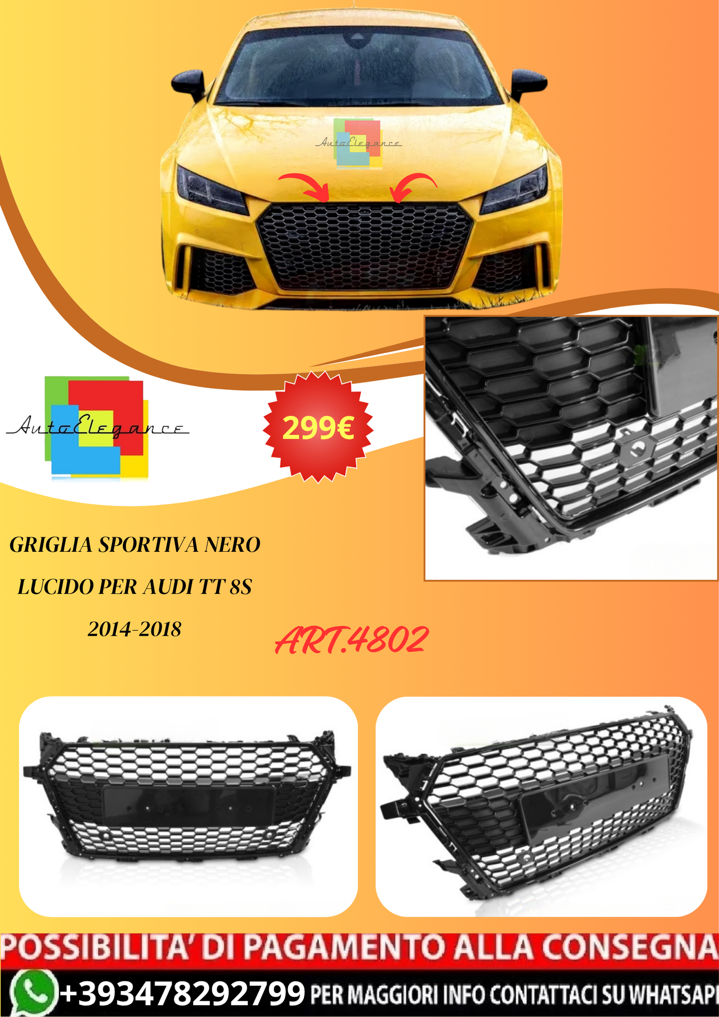 💫ART.4802 GRIGLIA SPORTIVA NERO LUCIDO PER AUDI TT 8S 2014-2018💫