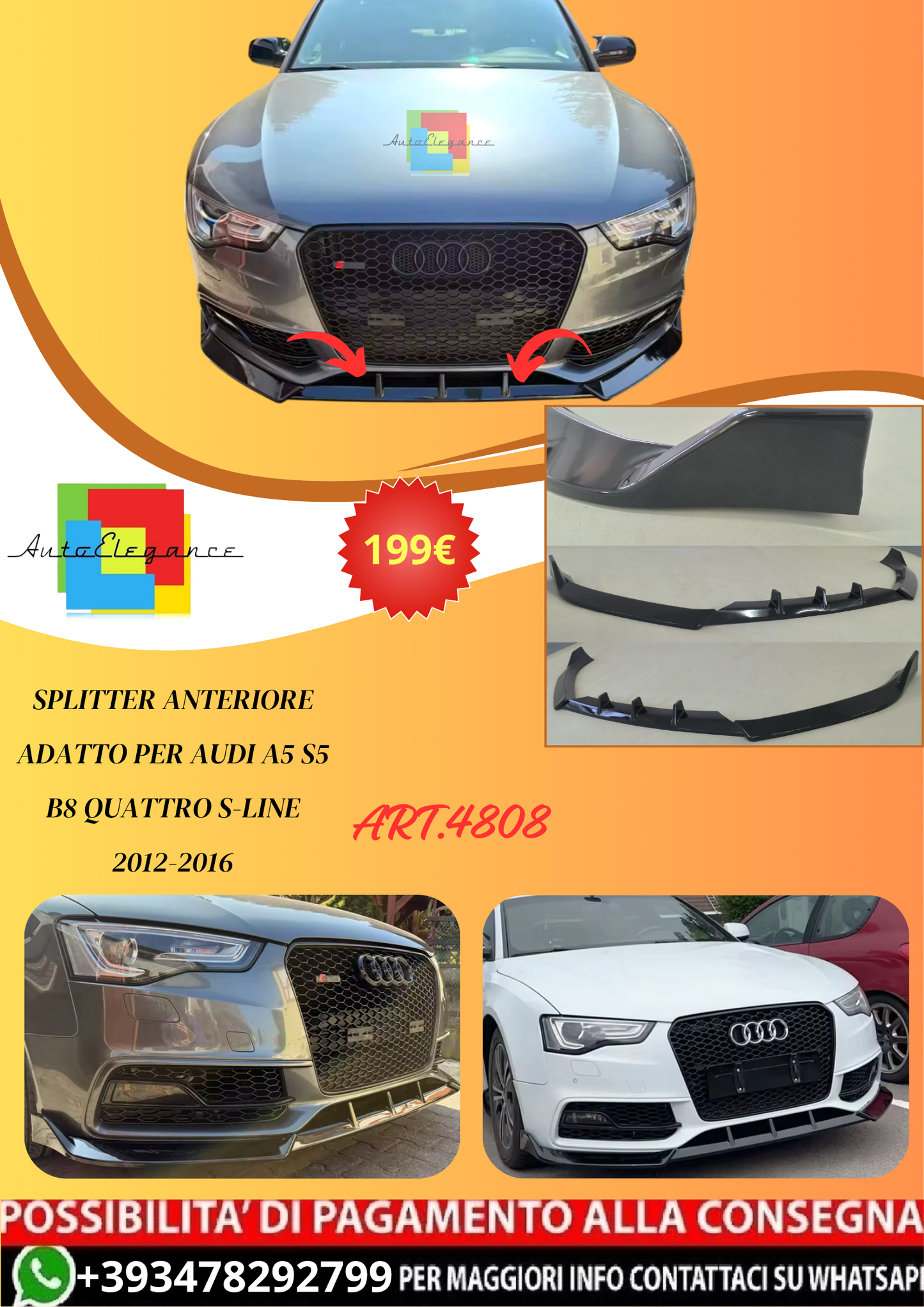 💫ART.4808 Splitter Anteriore adatto per Audi A5 S5 Quattro S-LINE 2012-2016💫