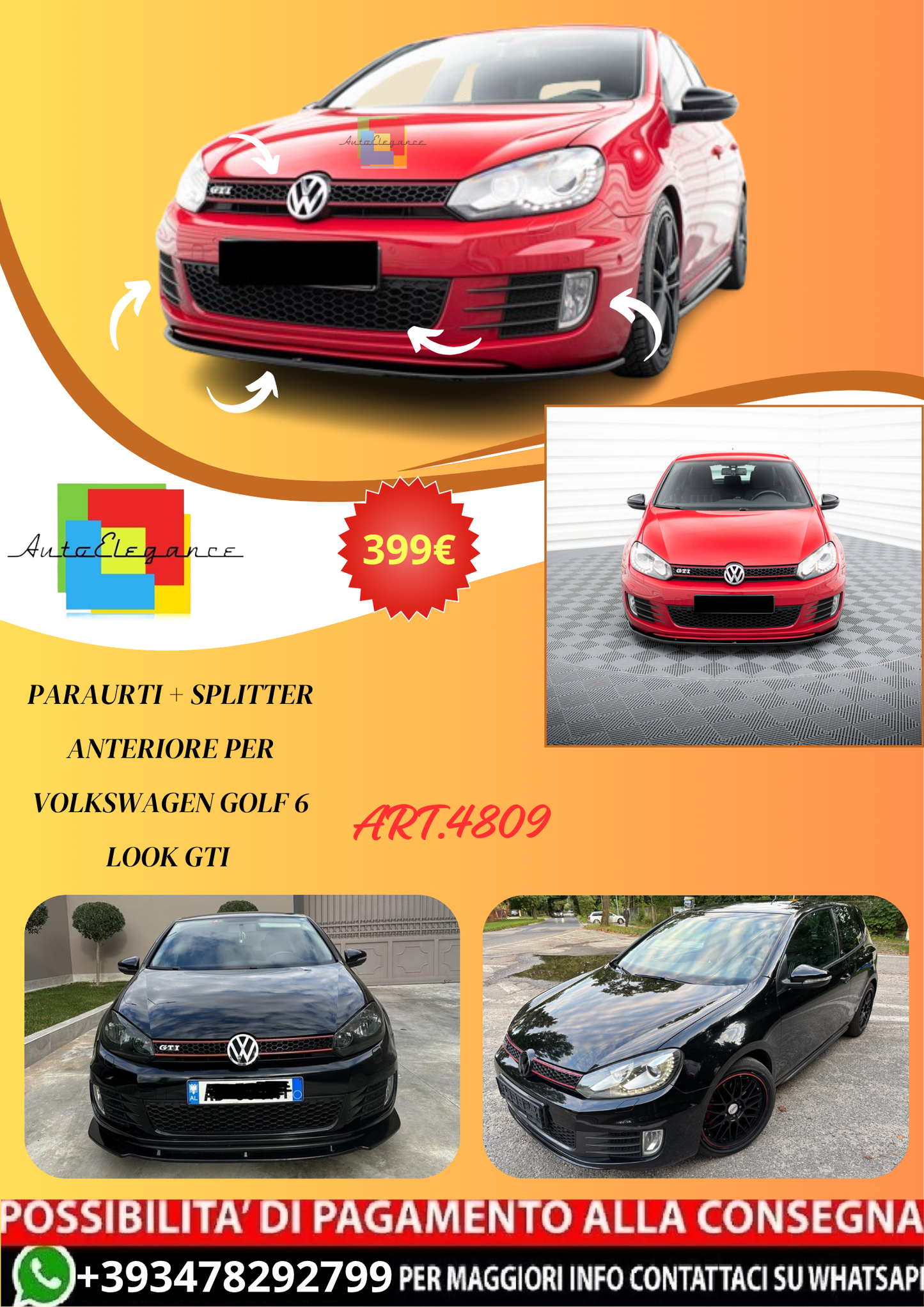 💫ART.4809 Paraurti + Splitter Anteriore per Volkswagen Golf 6 Look GTI💫
