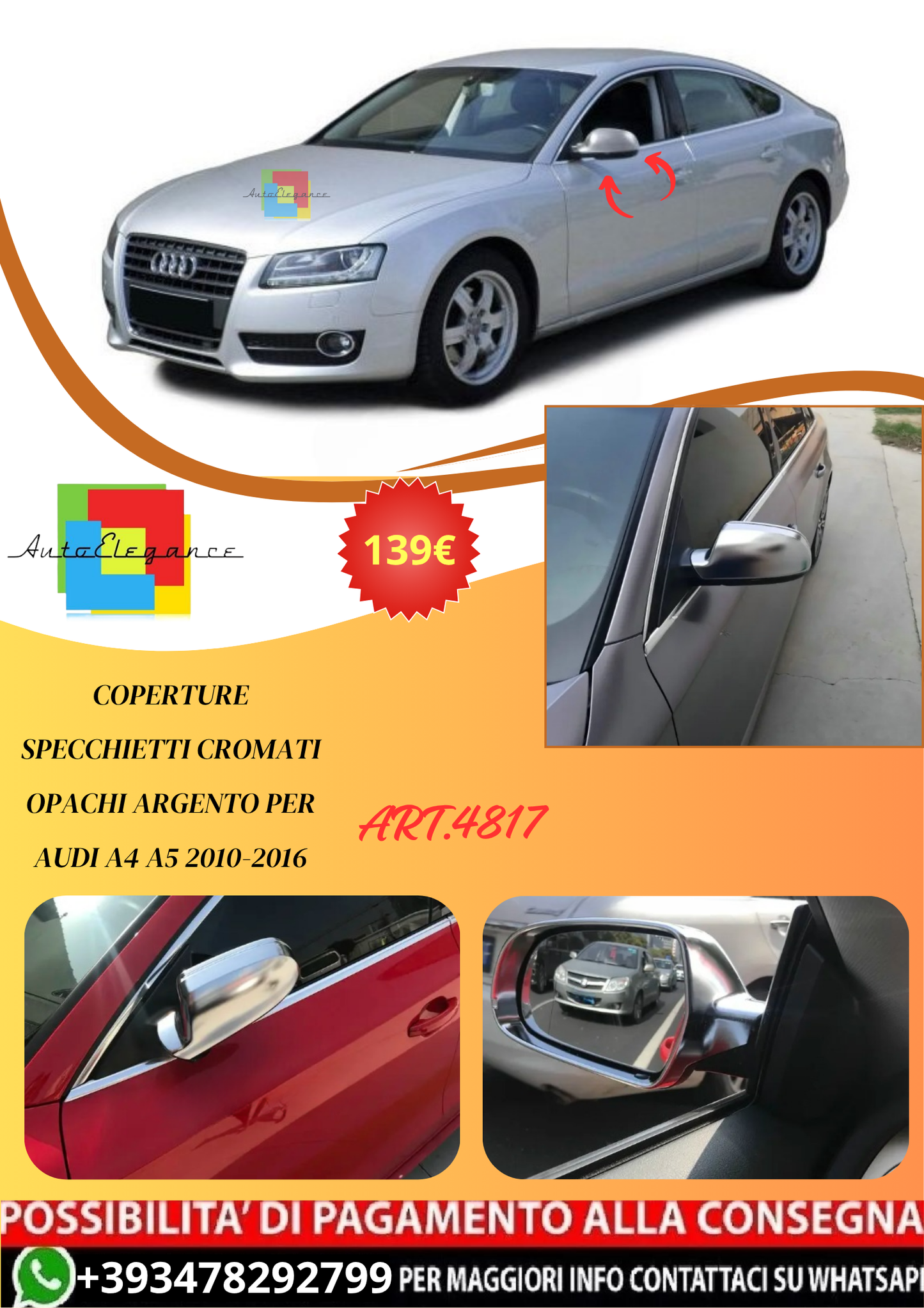 💫ART.4817 Coperture Specchietti Cromati Opachi Argento per Audi A4 A5 10-16💫