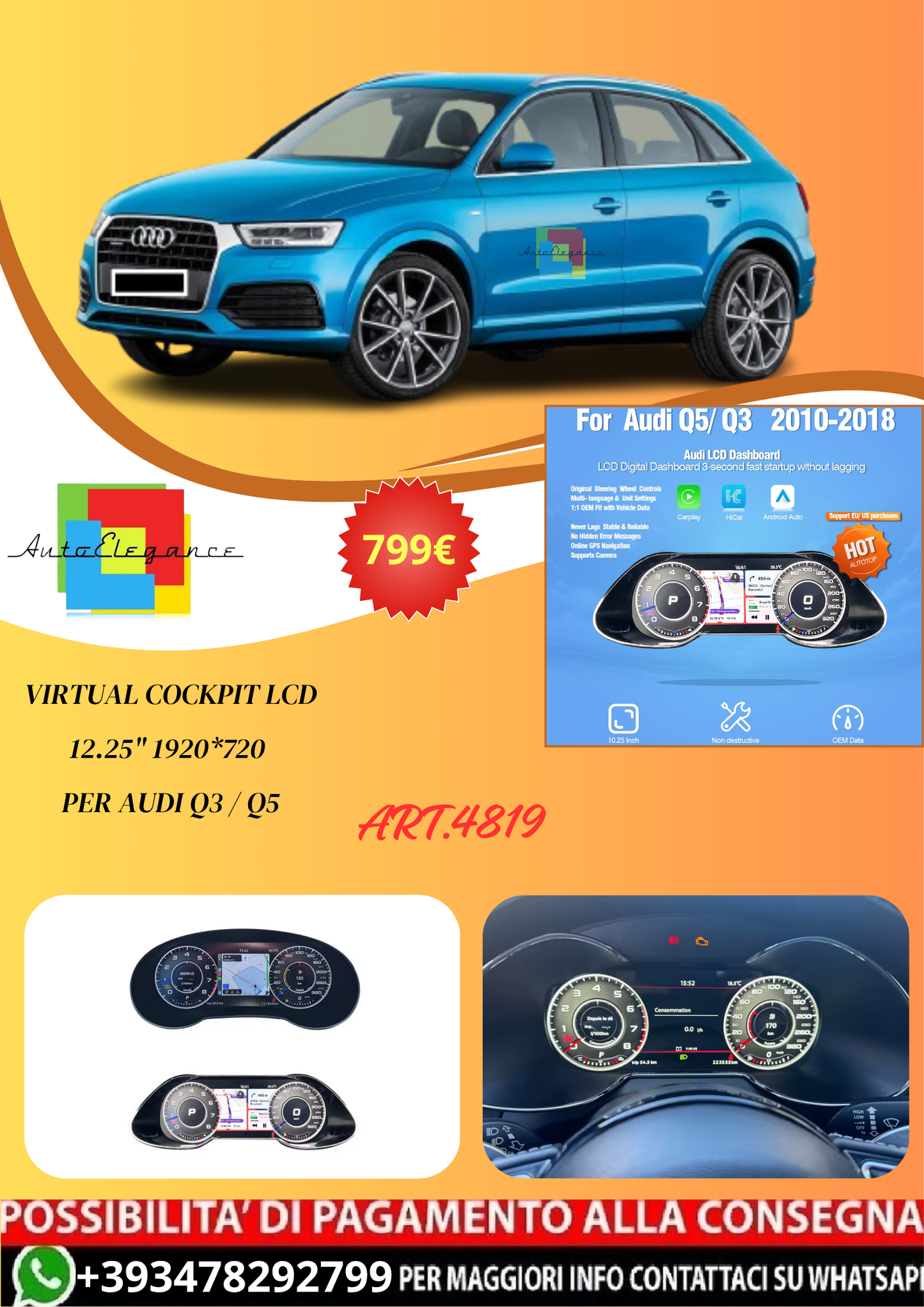 💫ART.4819 Virtual Cockpit LCD 12.25" 1920*720 per Audi Q3 / Q5 💫