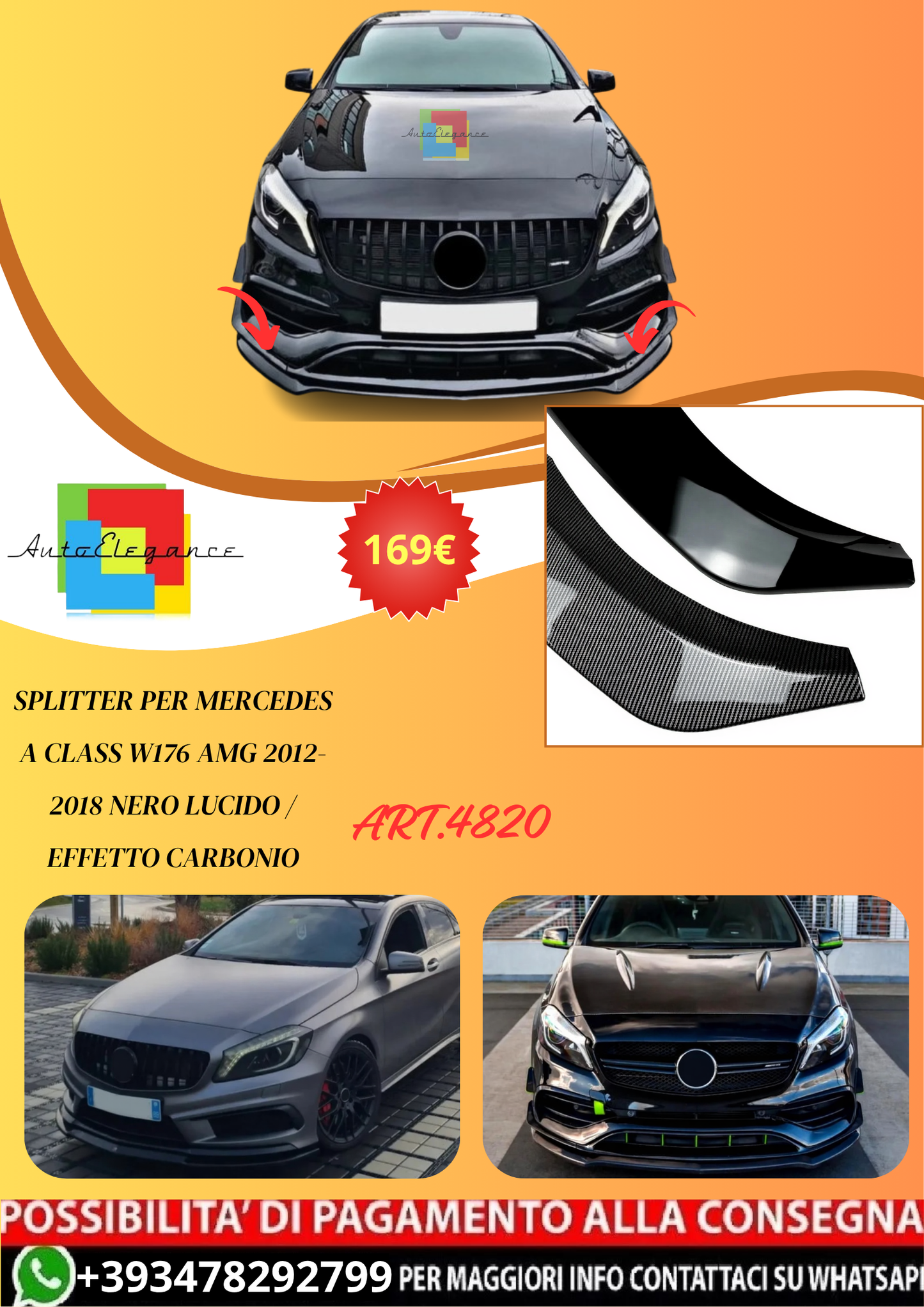 💫ART.4820 Splitter per Mercedes A Class W176 AMG 12-18 Nero lucido / Carbonio💫