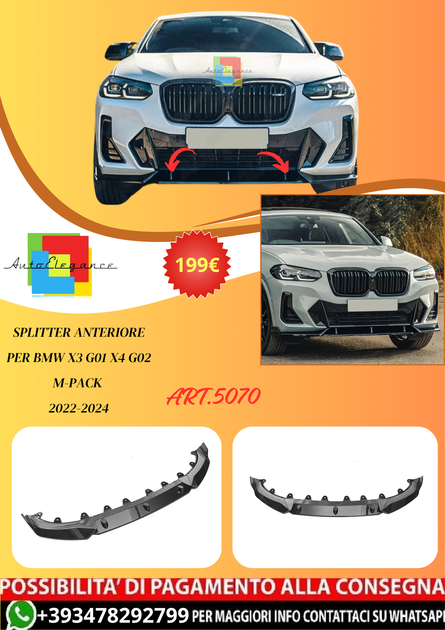 💫ART.5070 Splitter Anteriore per Bmw X3 G01 X4 G02 M-Pack 2022-2024💫