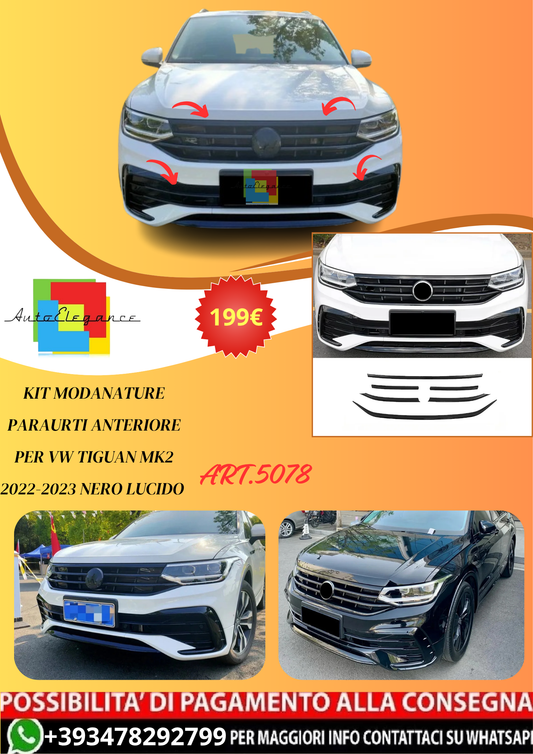 💫ART.5078 Kit Modanature Paraurti Anteriore per Tiguan MK2 22-23 Nero Lucido💫