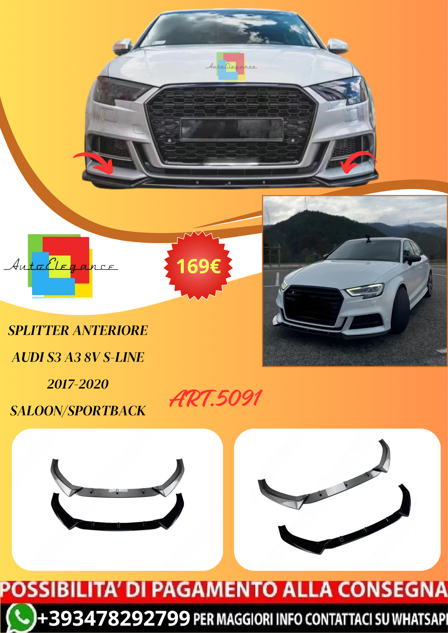 💫ART.5091 Splitter Anteriore Audi S3 A3 8V S-line 2017-2020 Saloon/Sportback💫