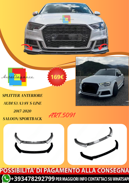 💫ART.5091 Splitter Anteriore Audi S3 A3 8V S-line 2017-2020 Saloon/Sportback💫