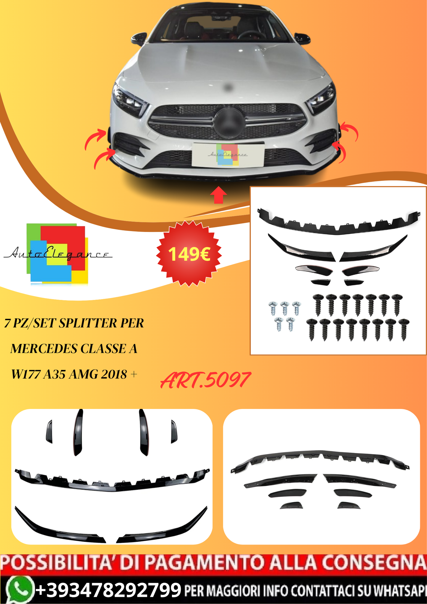 💫ART.5097   7 Pz/set Splitter per Mercedes Classe A W177 A35 AMG 2018+💫