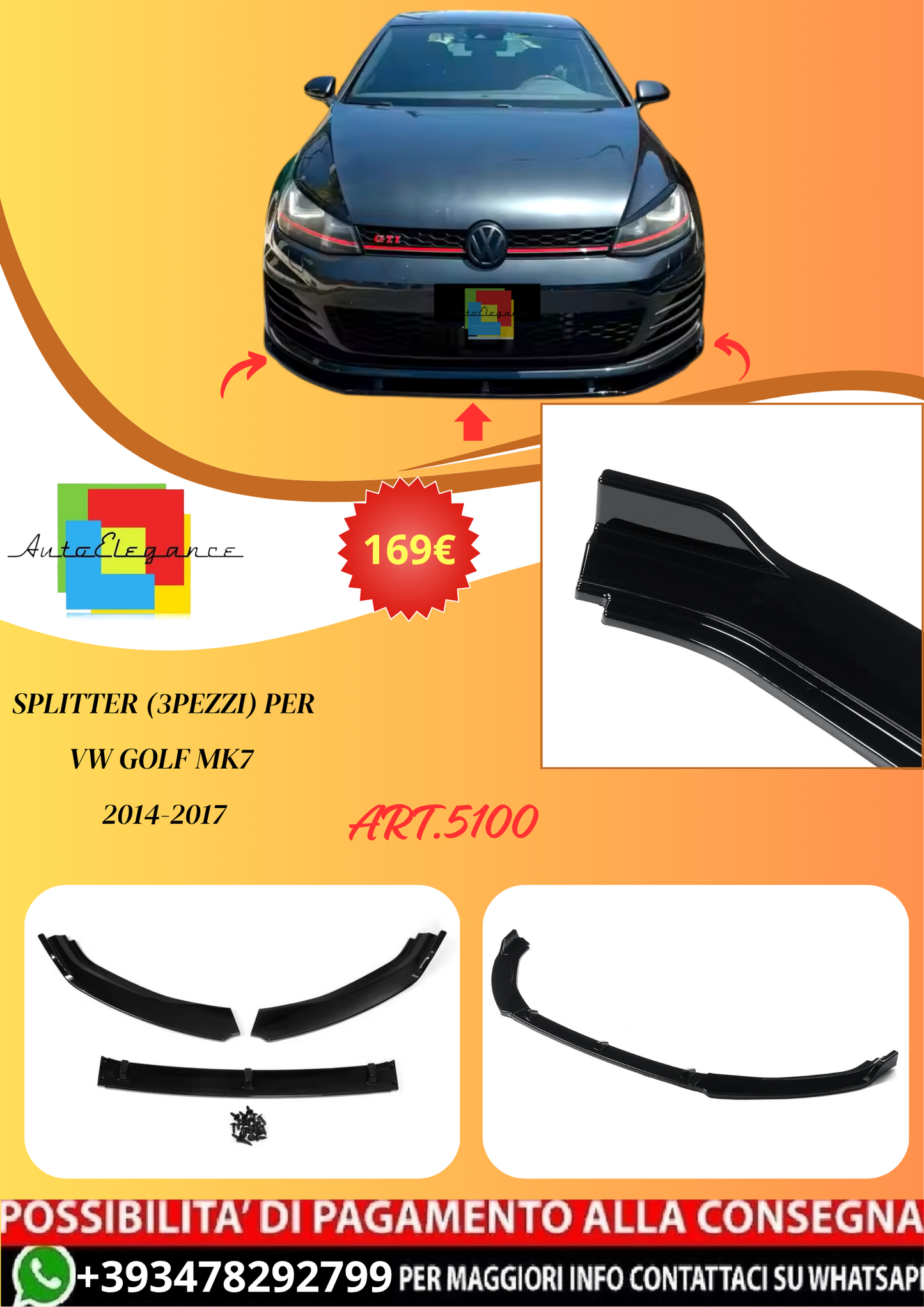 💫ART.5100 Splitter (3pezzi) Per VW Golf MK7 2014-2017💫