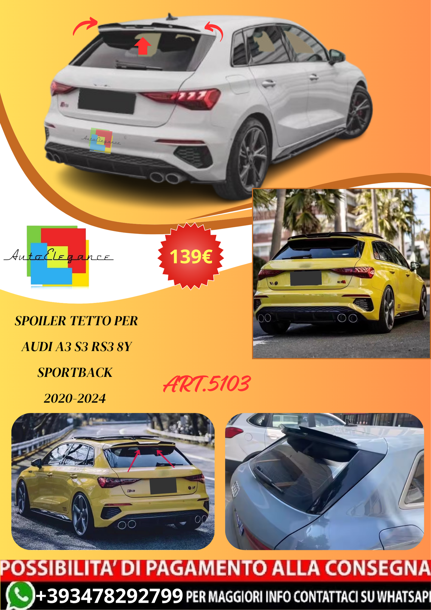 💫ART.5103 Spoiler Tetto per Audi A3 S3 RS3 8Y Sportback 2020-2024💫