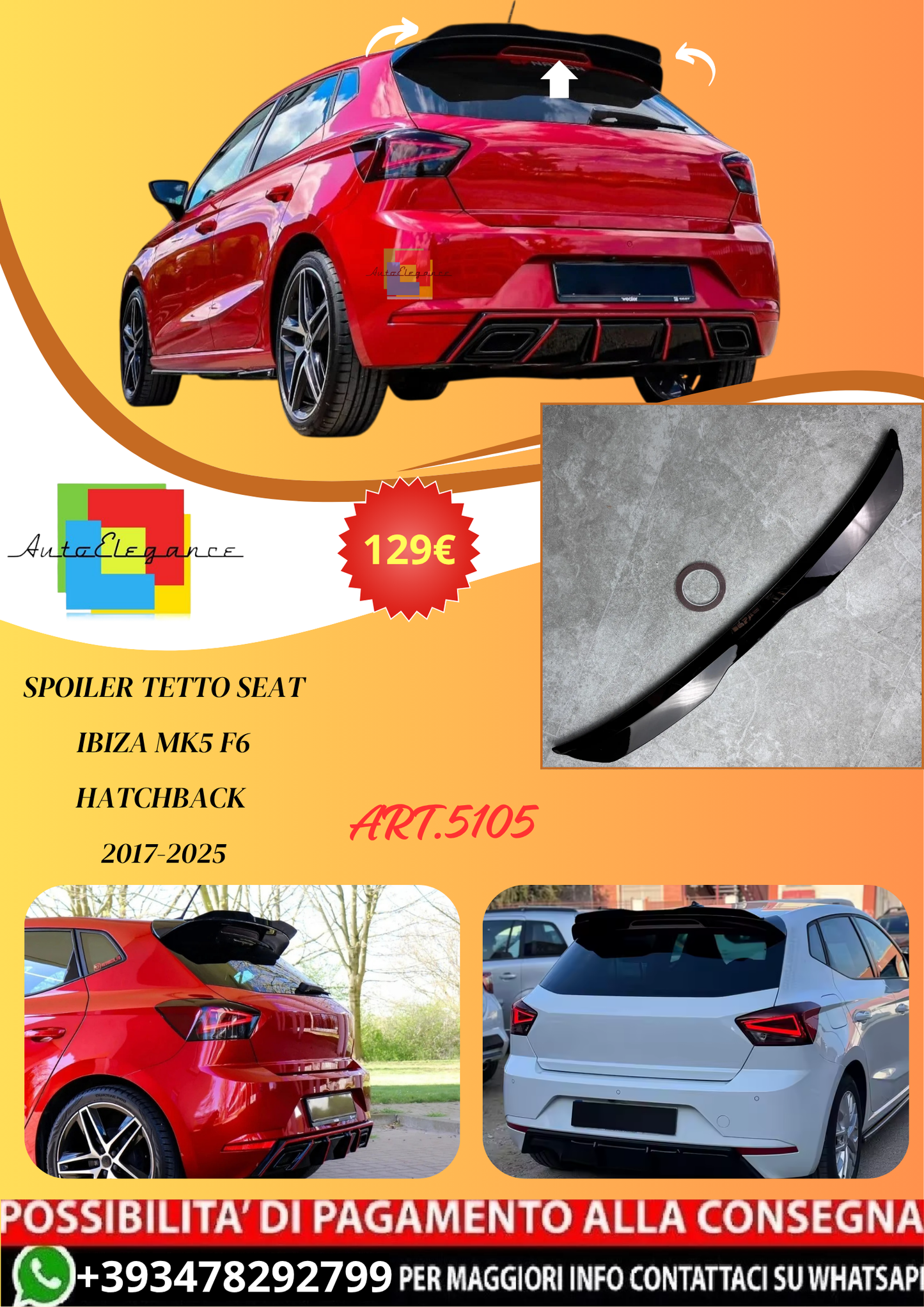 💫ART.5105 Spoiler Tetto Seat Ibiza MK5 F6 Hatchback 2017-2025💫