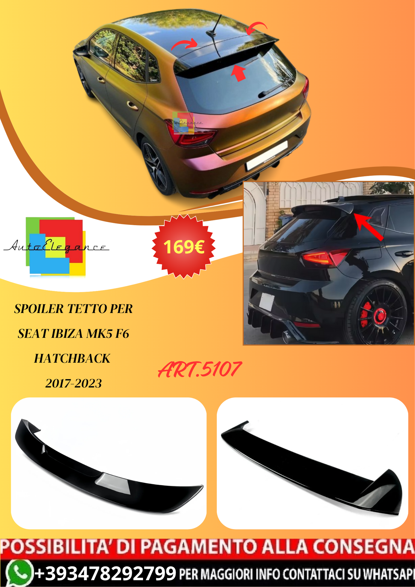 💫ART.5107 Spoiler Tetto per Seat Ibiza MK5 F6 Hatchback 2017-2023💫