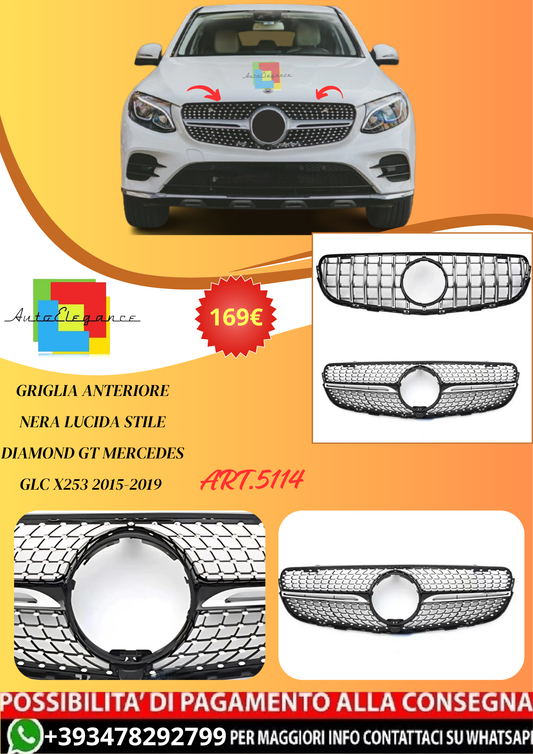 💫ART.5114 Griglia Anteriore Nera Lucida Stile Diamond GT Mercedes GLC 15-19💫