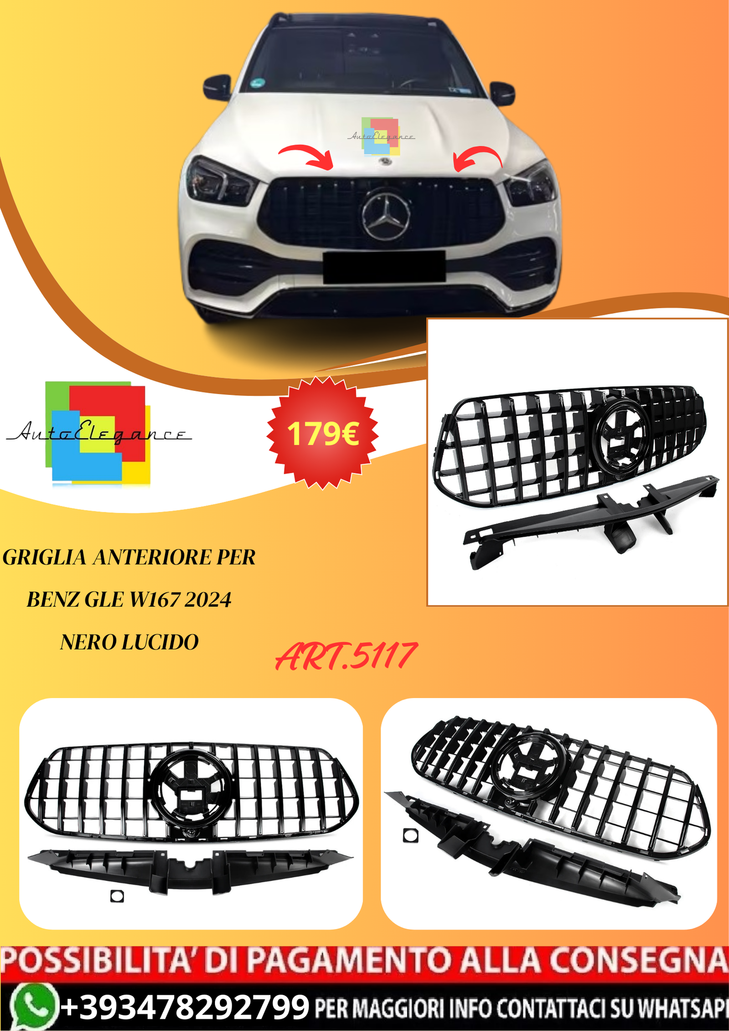 💫ART.5117 Griglia Anteriore per Benz GLE W167 2024 Nero Lucido💫