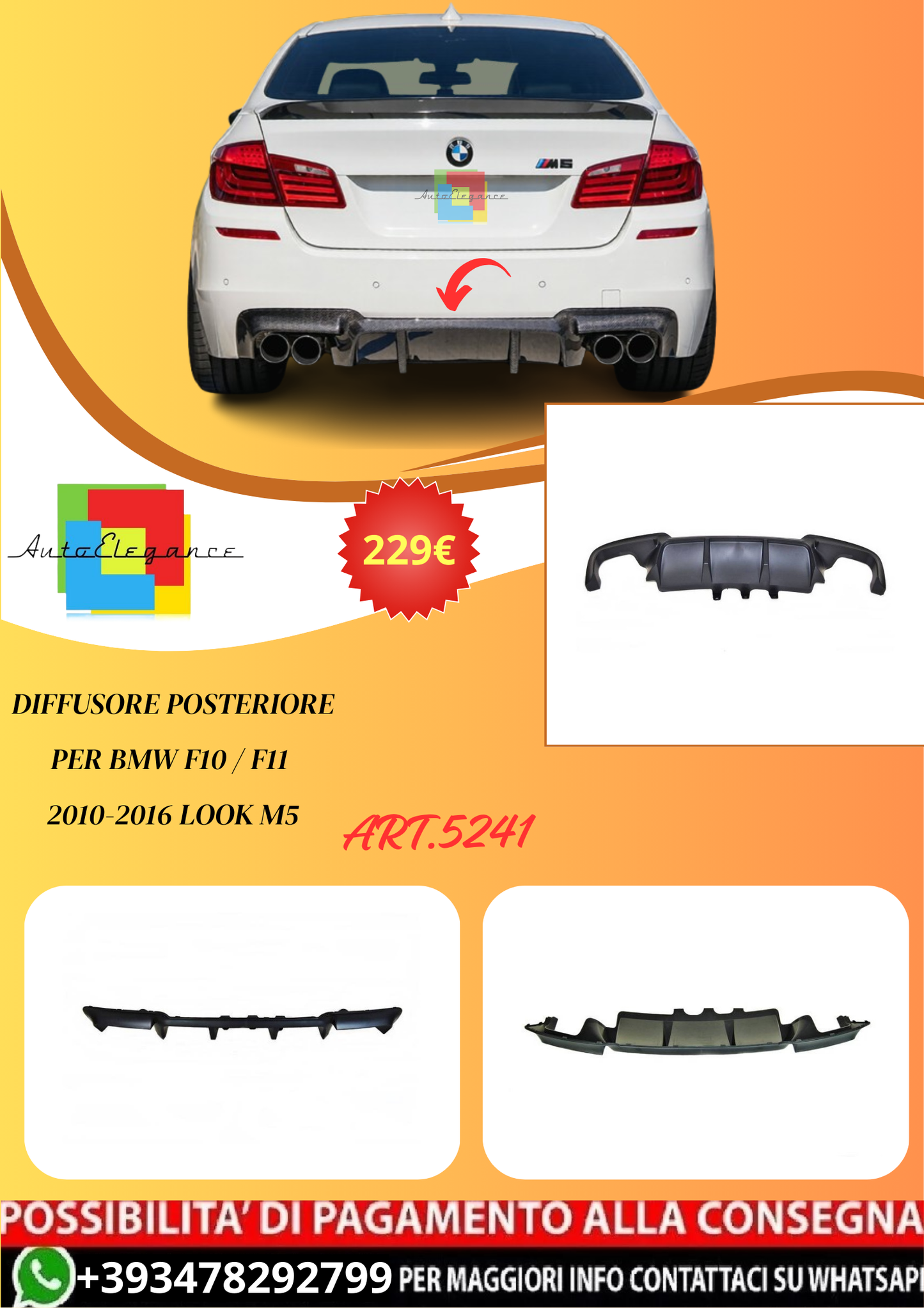 💫ART.5241  Diffusore Posteriore per BMW F10 / F11 2010-2016 Look M5💫
