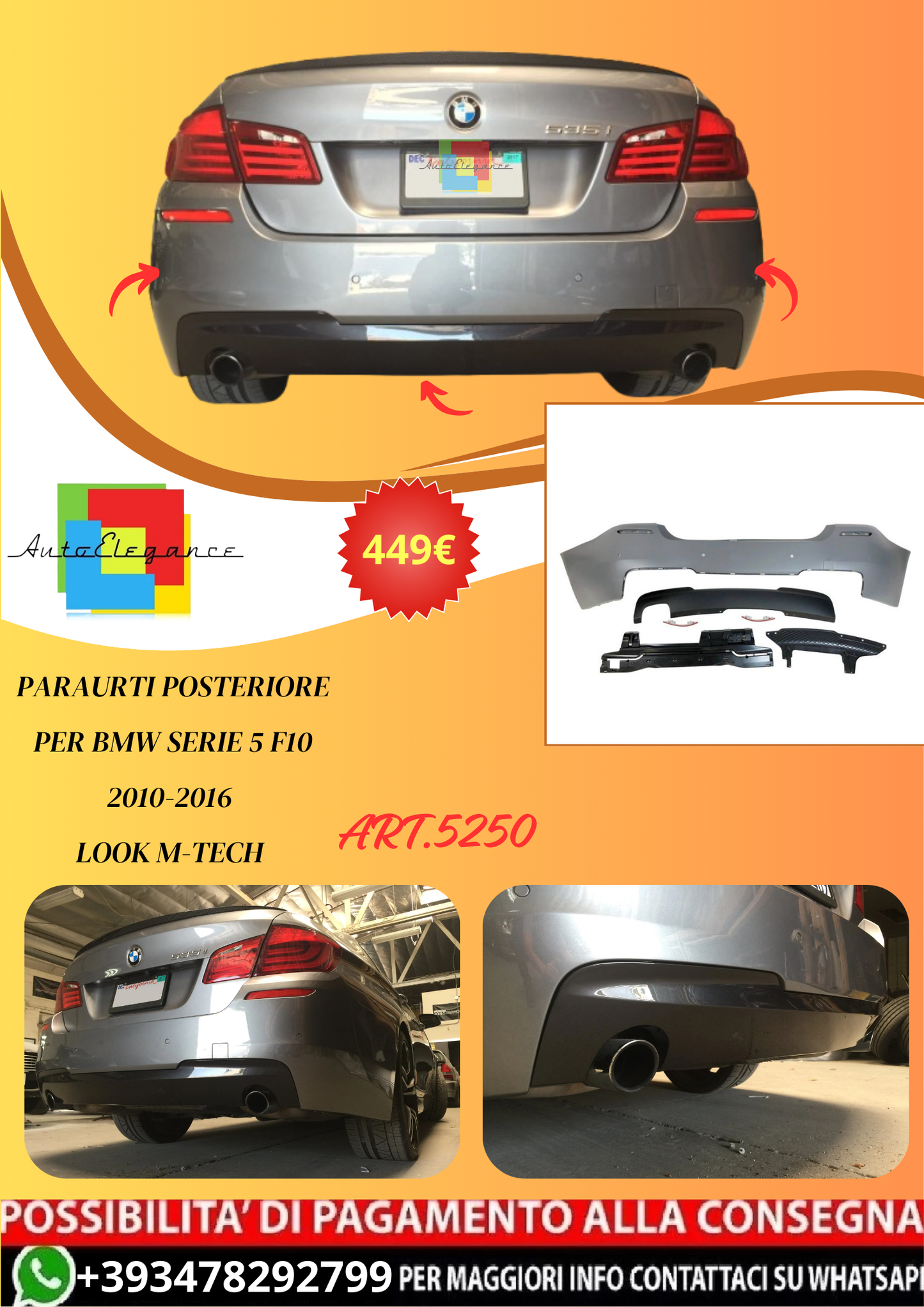 💫ART.5250 Paraurti Posteriore per BMW Serie 5 F10 2010-2016 Look M-Tech💫