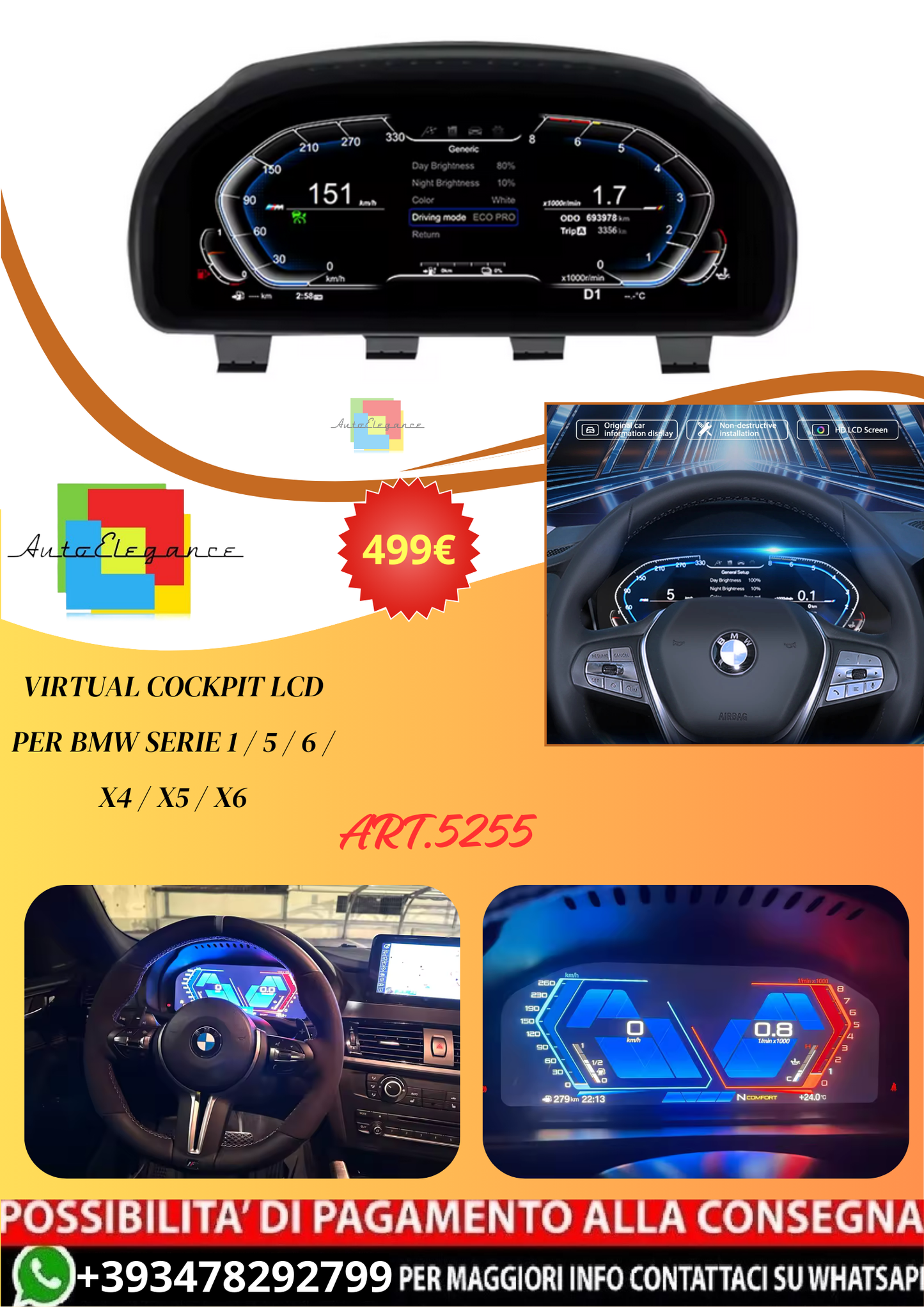 💫ART.5255 12.3 ''  Virtual Cockpit LCD per BMW Serie 1 / 5 / 6 / X4 / X5 / X6💫