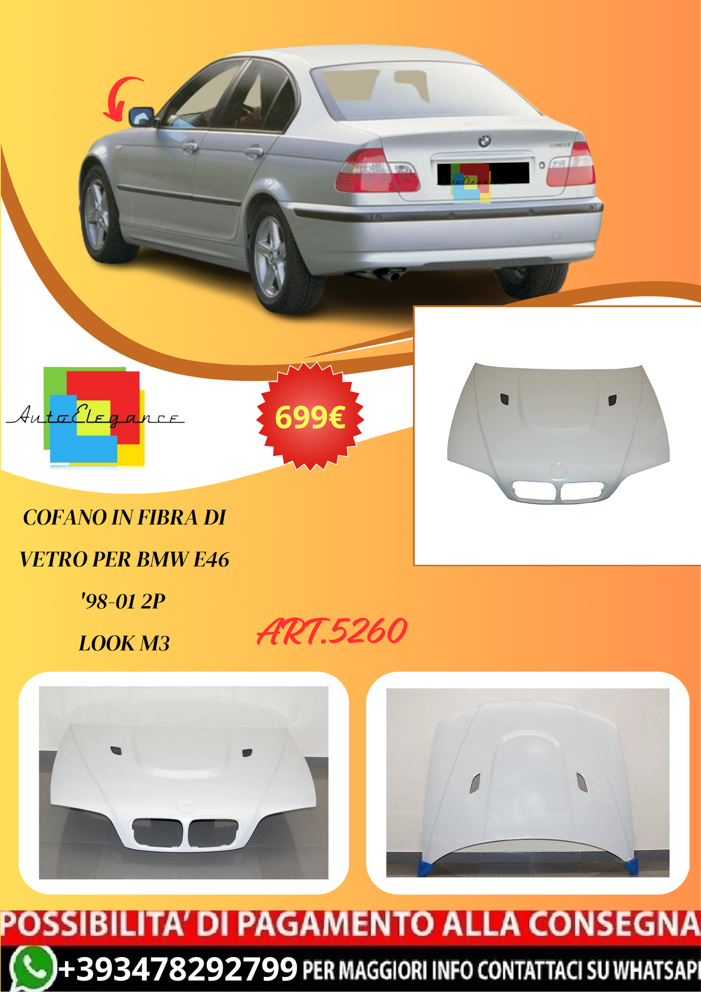 💫ART.5260 Cofano in Fibra di Vetro per BMW E46 '98-01 2P Look M3💫