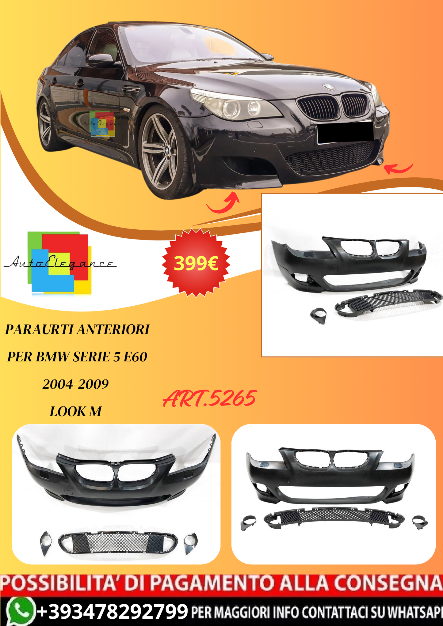 💫ART.5265 Paraurti Anteriori per BMW Serie 5 E60 2004-2009 Look M ABS💫