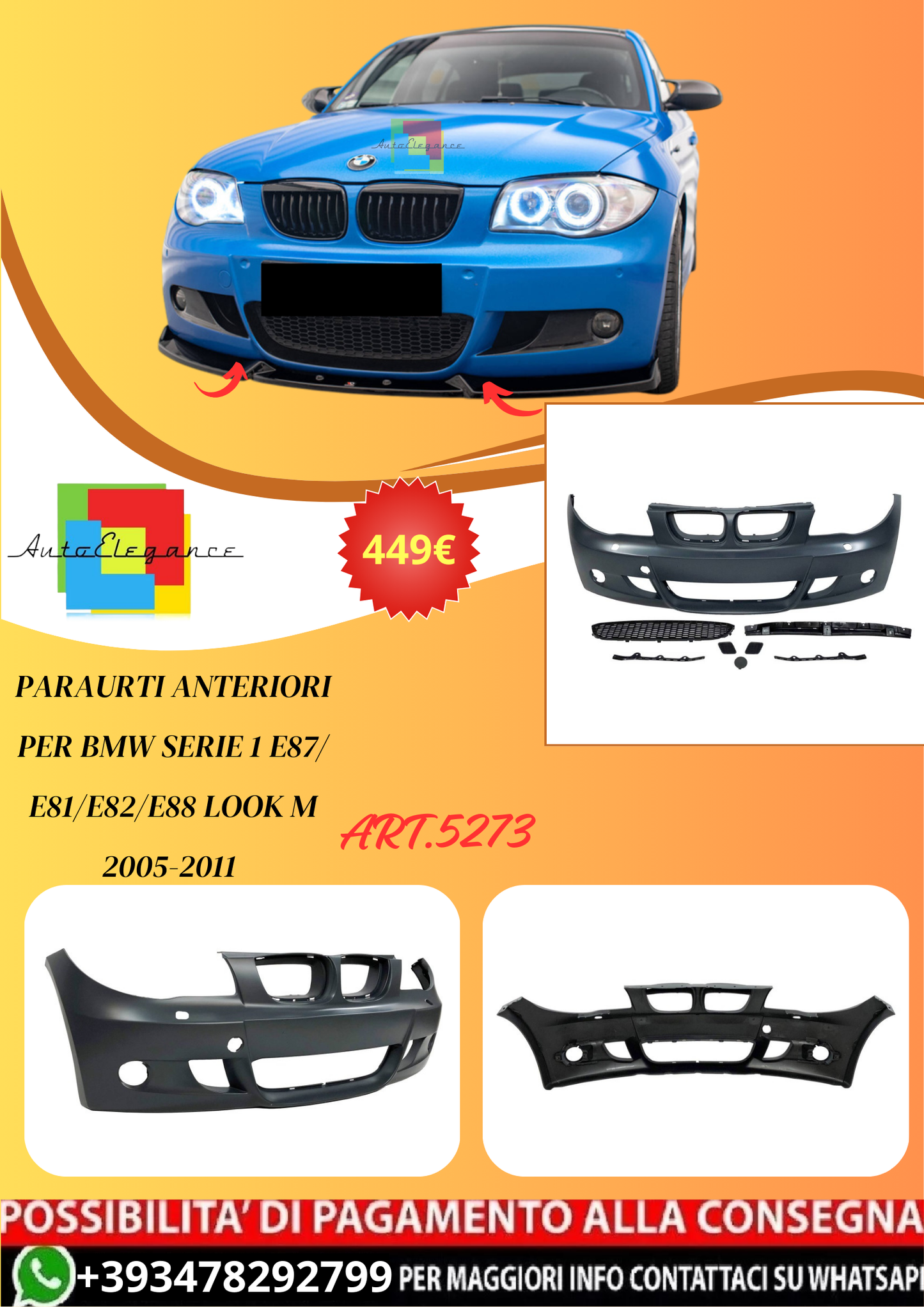 💫ART.5273 Paraurti Anteriori per BMW Serie 1 E87/ E81/E82/E88 Look M 05-11💫