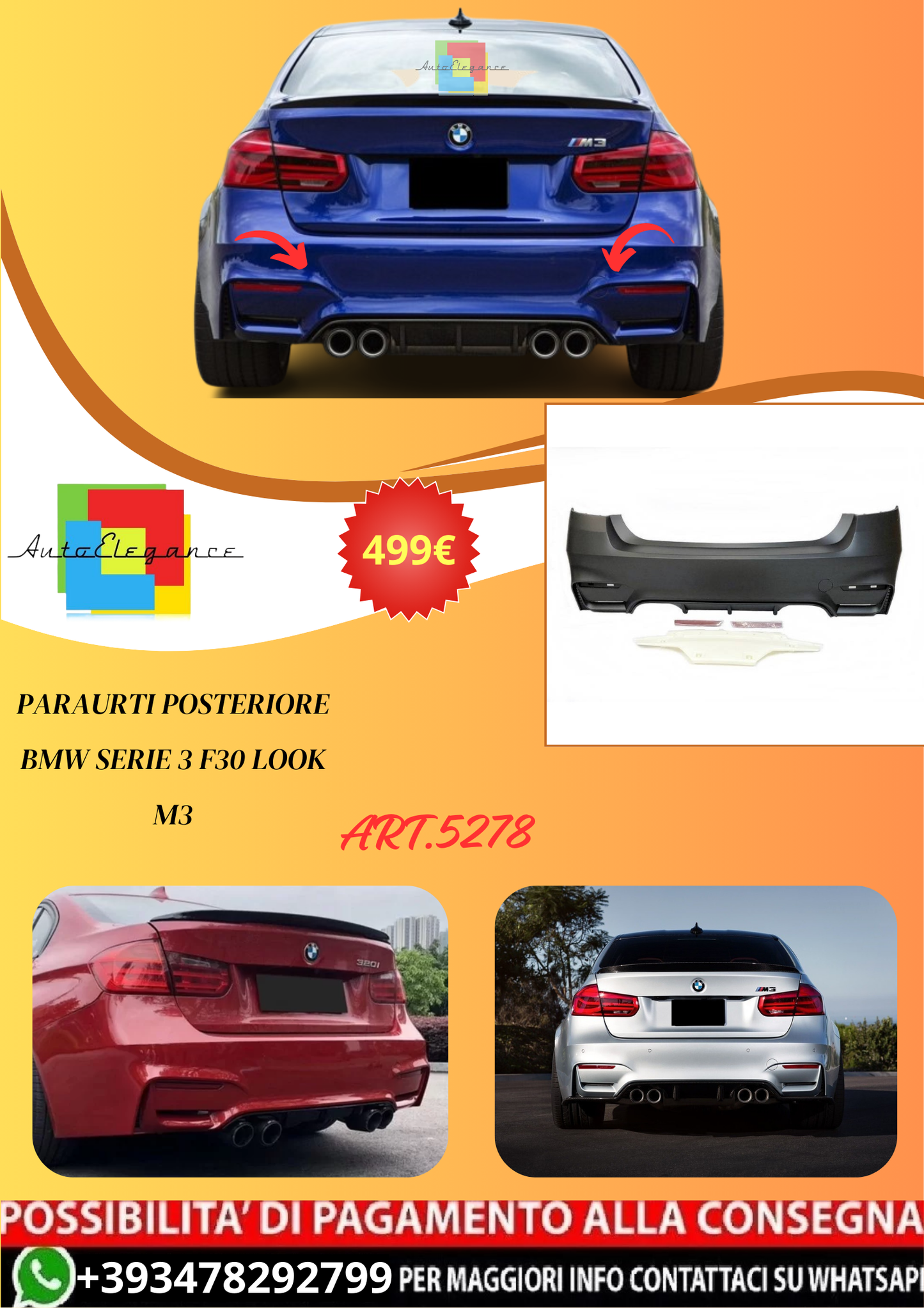 💫ART.5278 Paraurti Posteriore BMW Serie 3 F30 Look M3💫