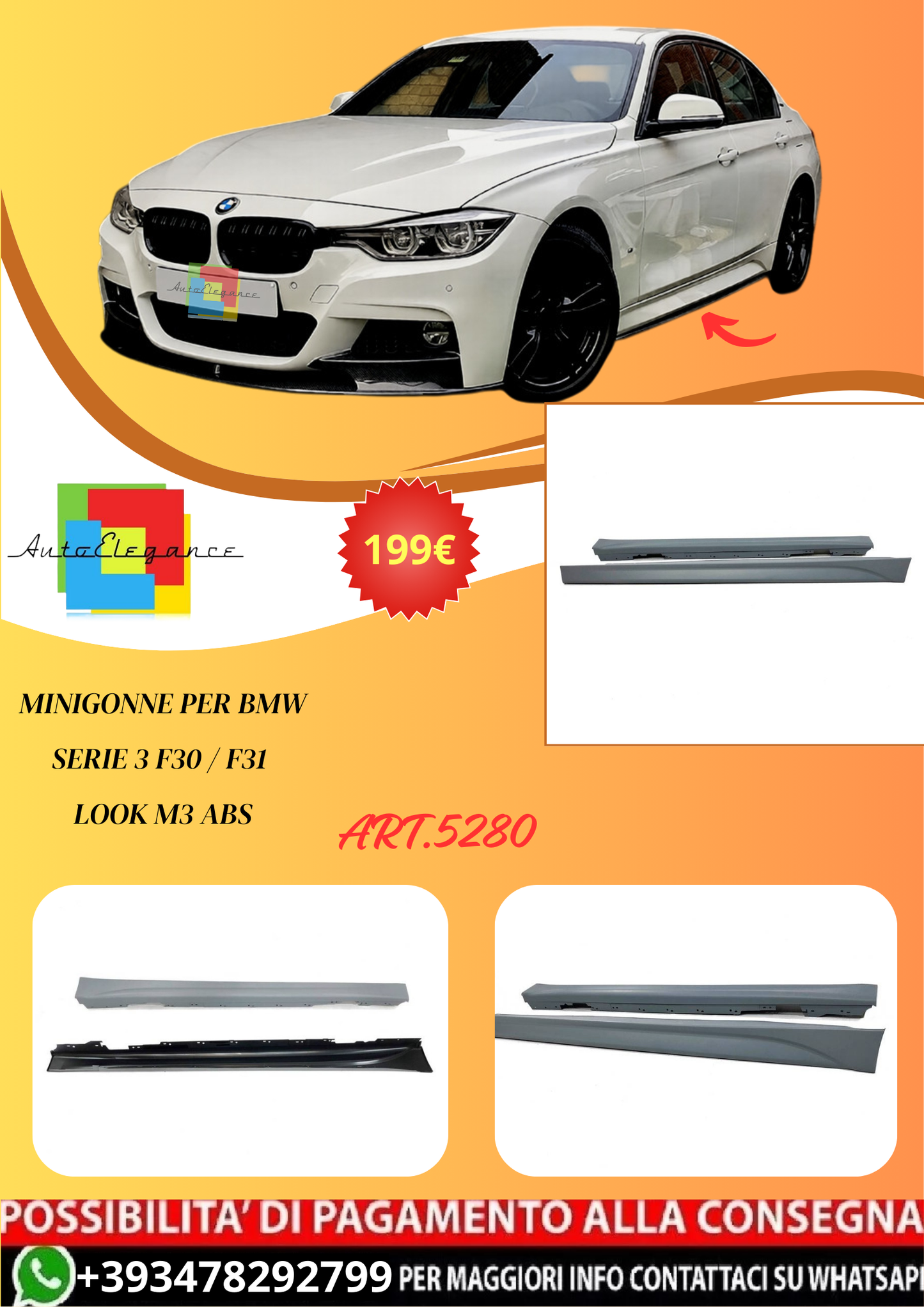 💫ART.5280 Minigonne per BMW Serie 3 F30 / F31 Look M3 ABS💫