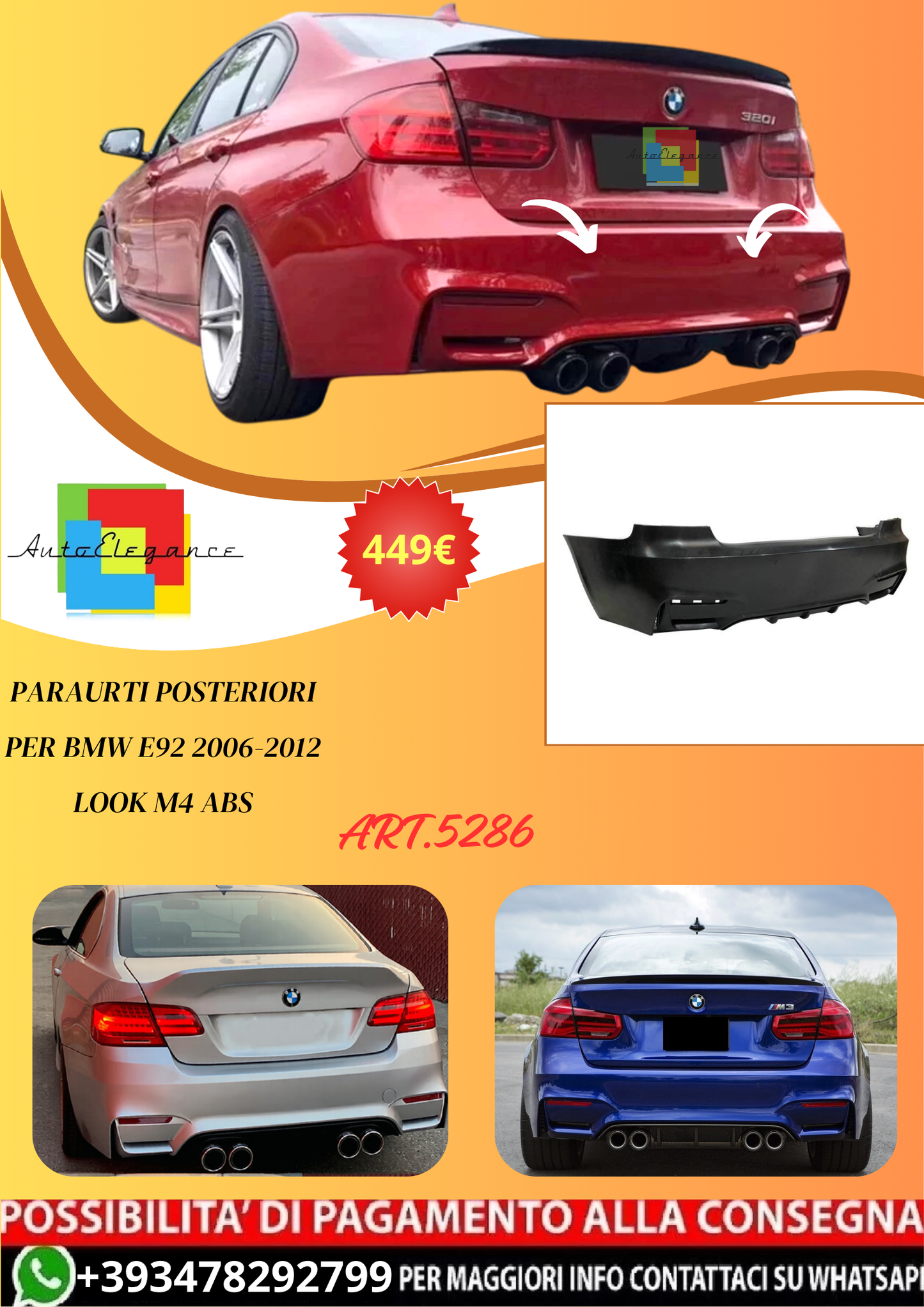💫ART.5286 Paraurti Posteriori per BMW E92 2006-2012 Look M4 ABS💫