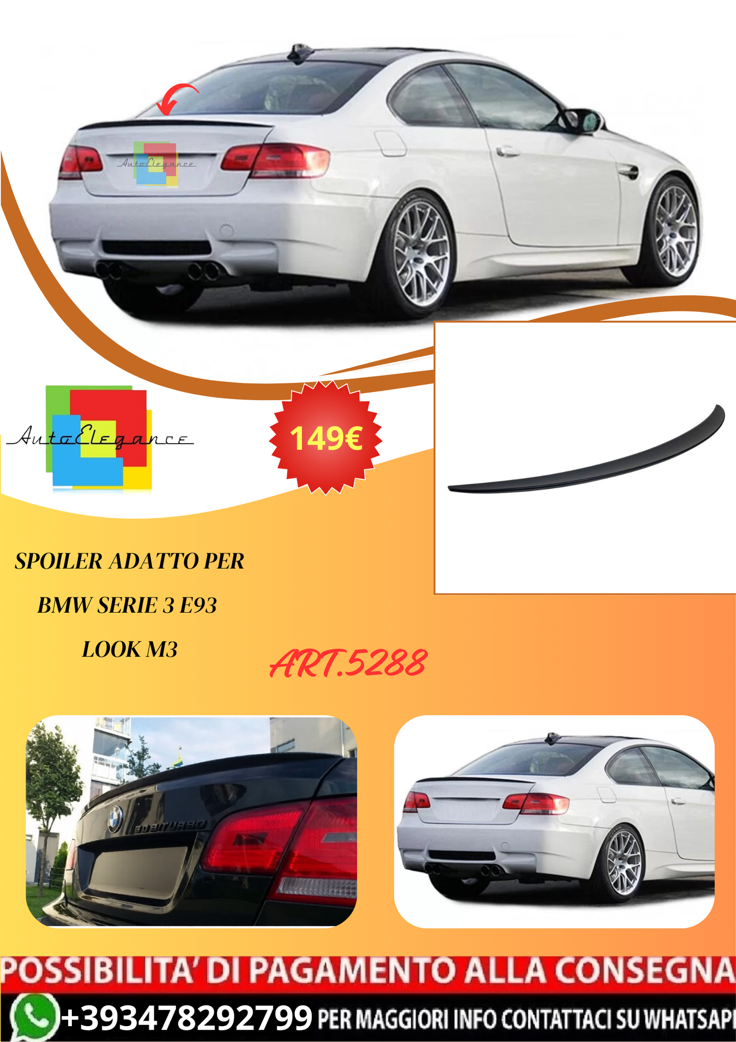 💫ART.5288 Spoiler adatto per BMW Serie 3 E93 Look M3💫