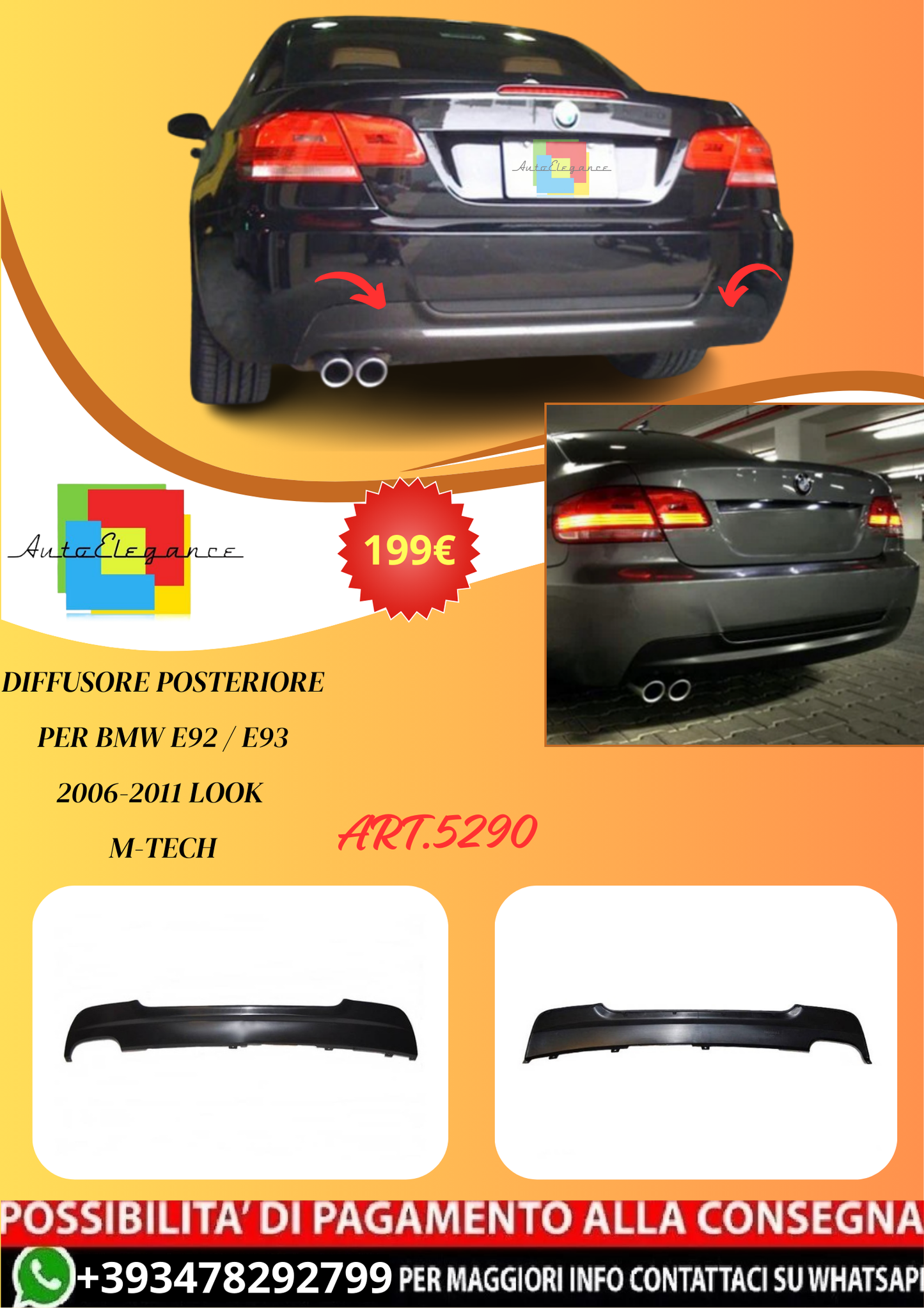 💫ART.5290 Diffusore Posteriore per BMW E92 / E93 2006-2011 Look M-Tech💫