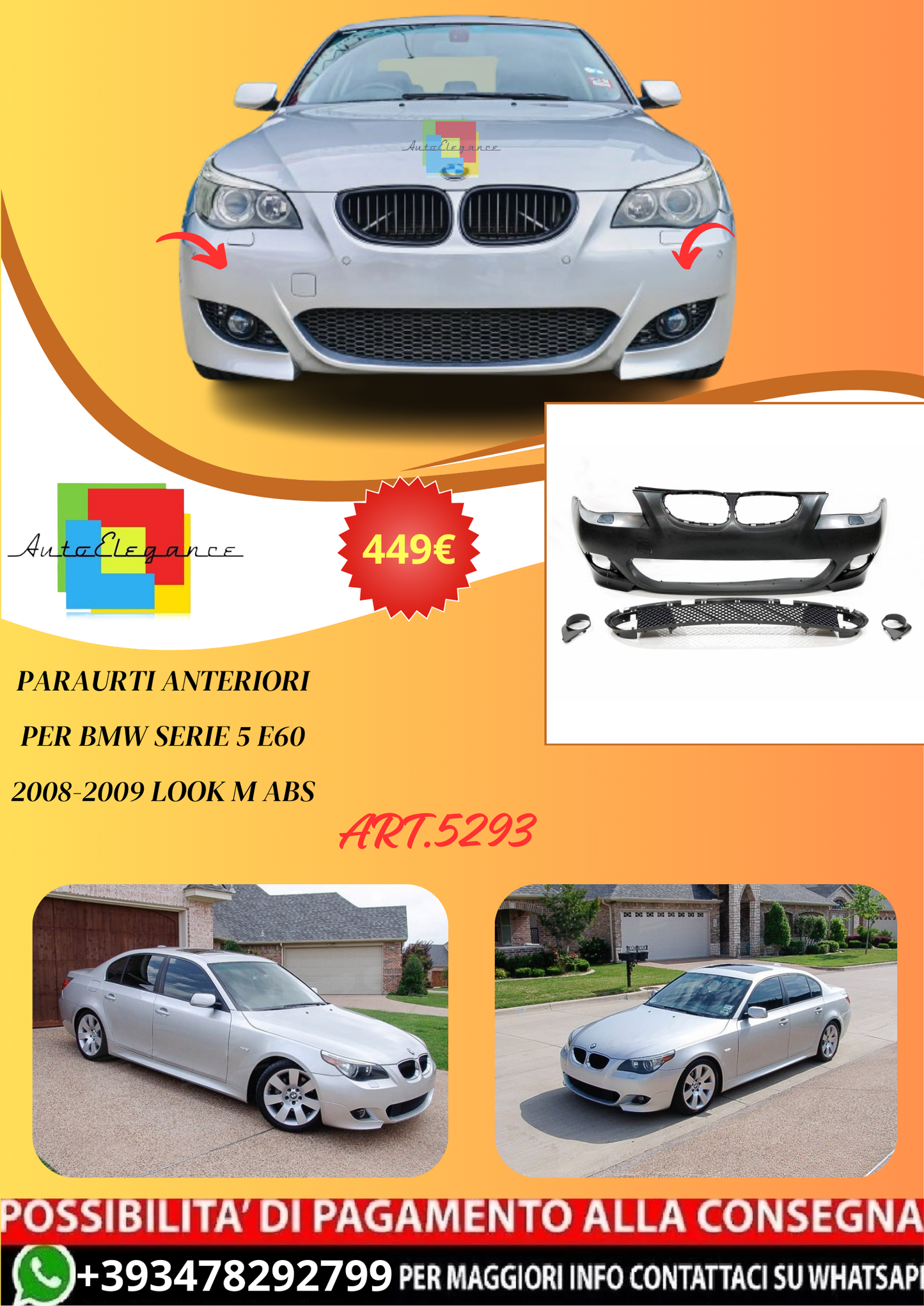 💫ART.5293 Paraurti Anteriori per BMW Serie 5 E60 2008-2009 Look M ABS💫