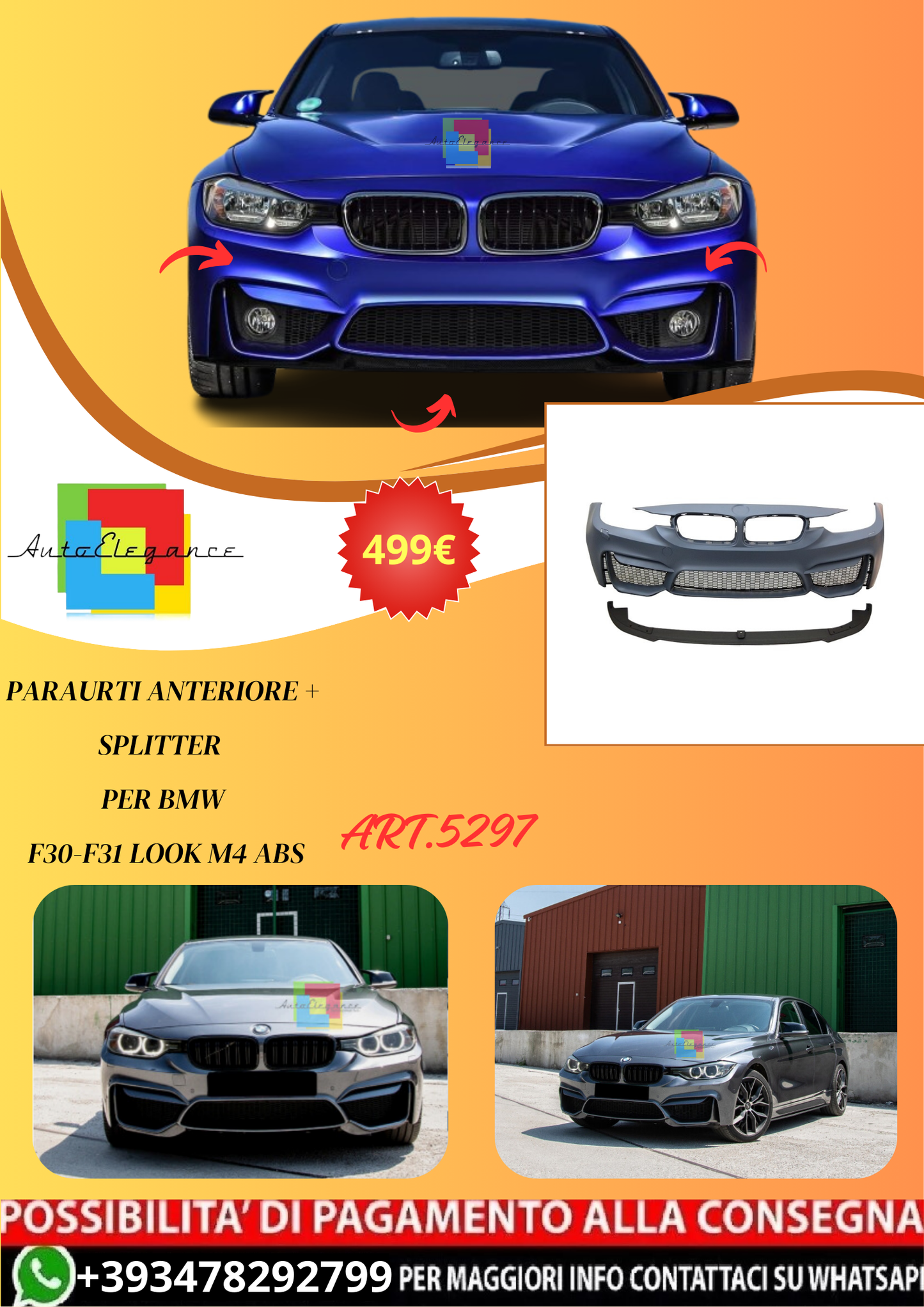 💫ART.5297 Paraurti Anteriore + Splitter per BMW F30-F31 Look M4 ABS💫